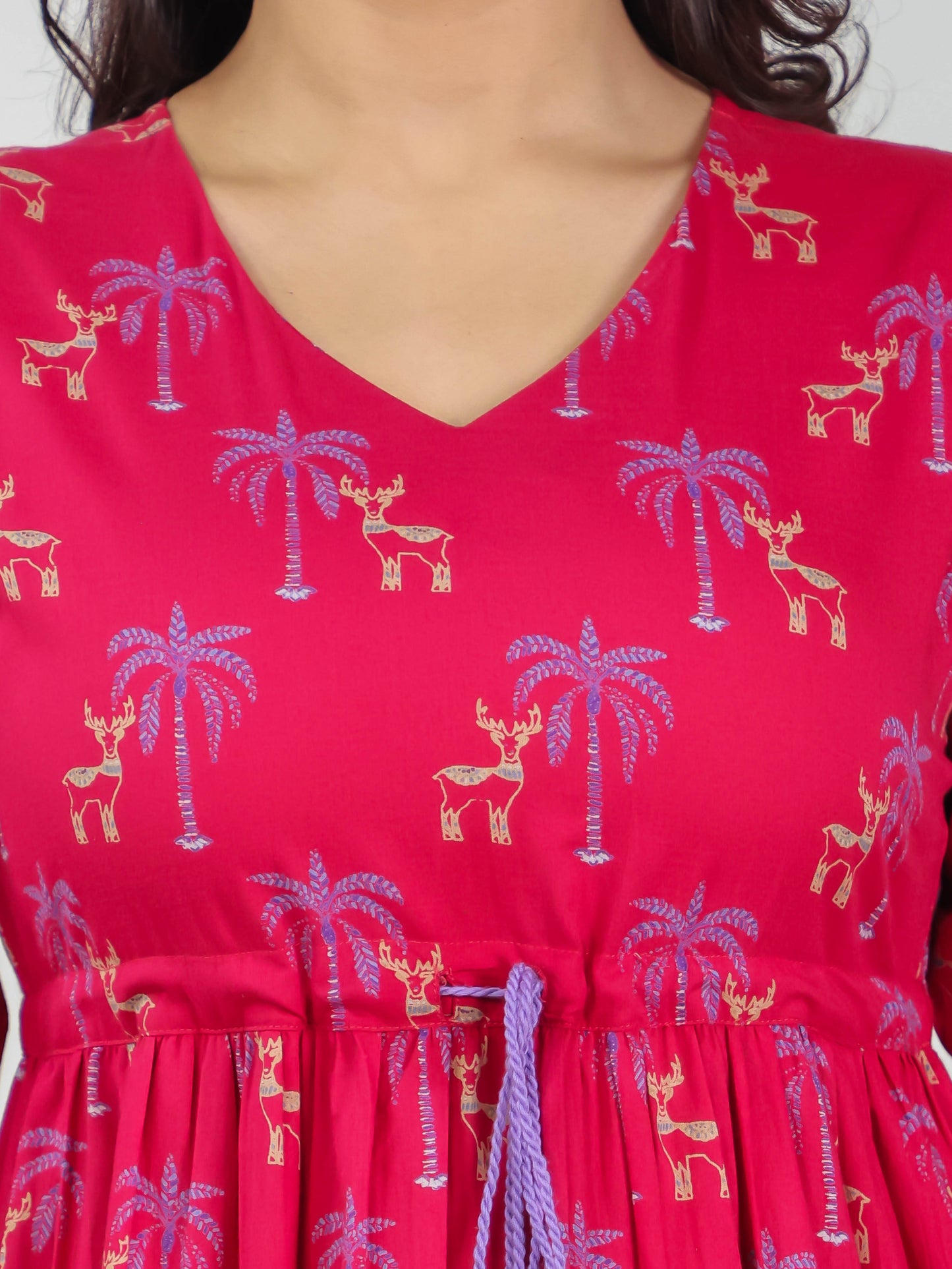 Soft Cotton Animal Anarkali Maroon Dress