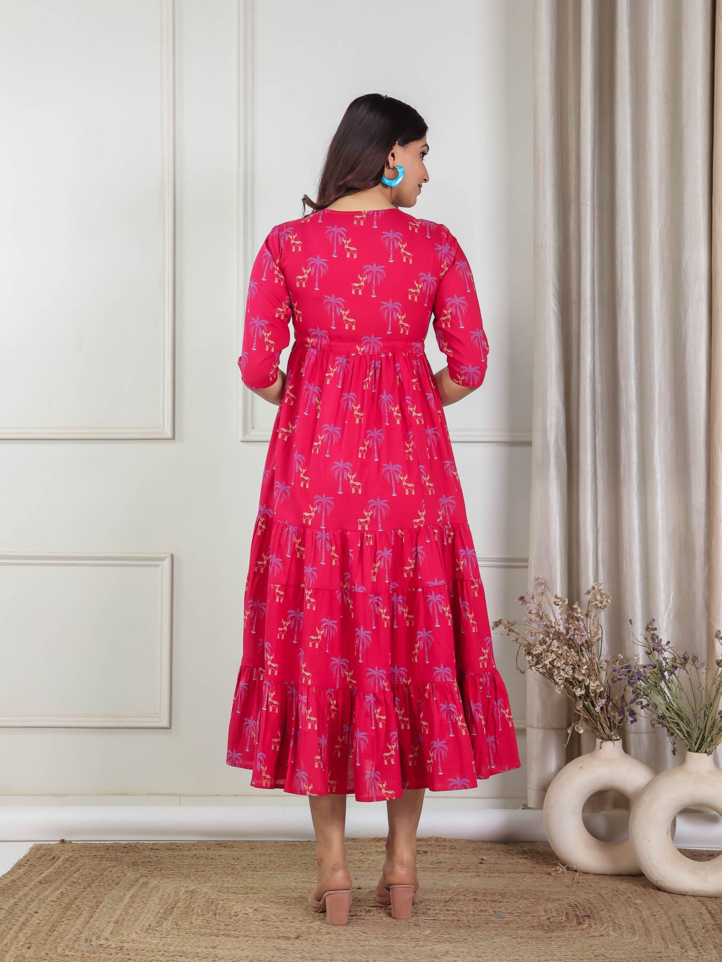 Soft Cotton Animal Anarkali Maroon Dress