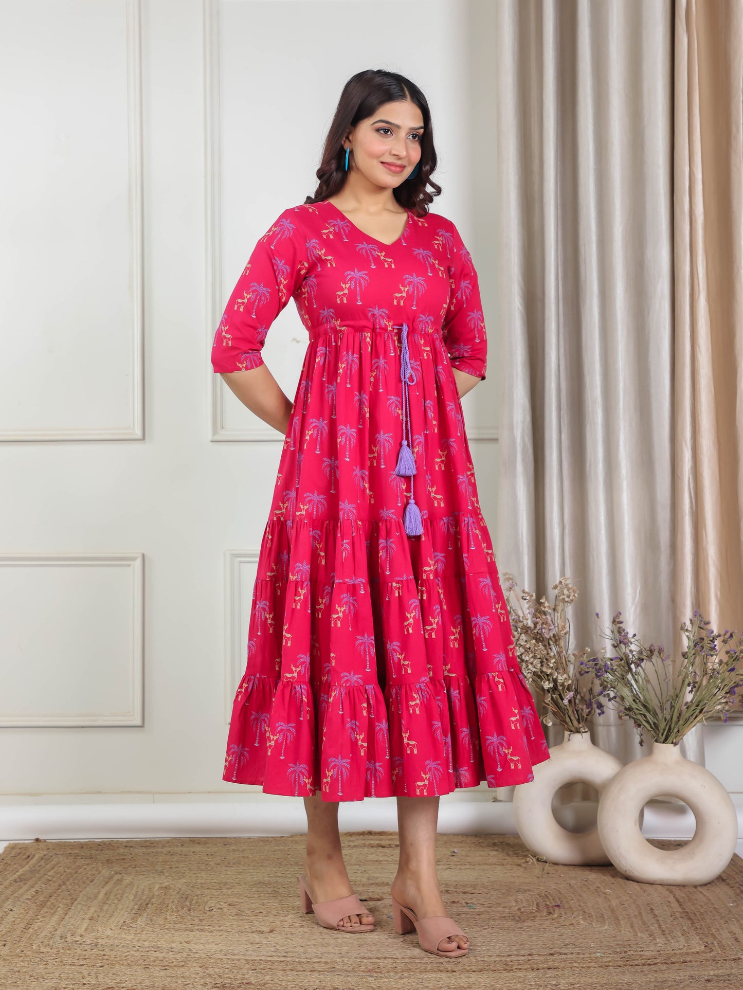 Soft Cotton Animal Anarkali Maroon Dress