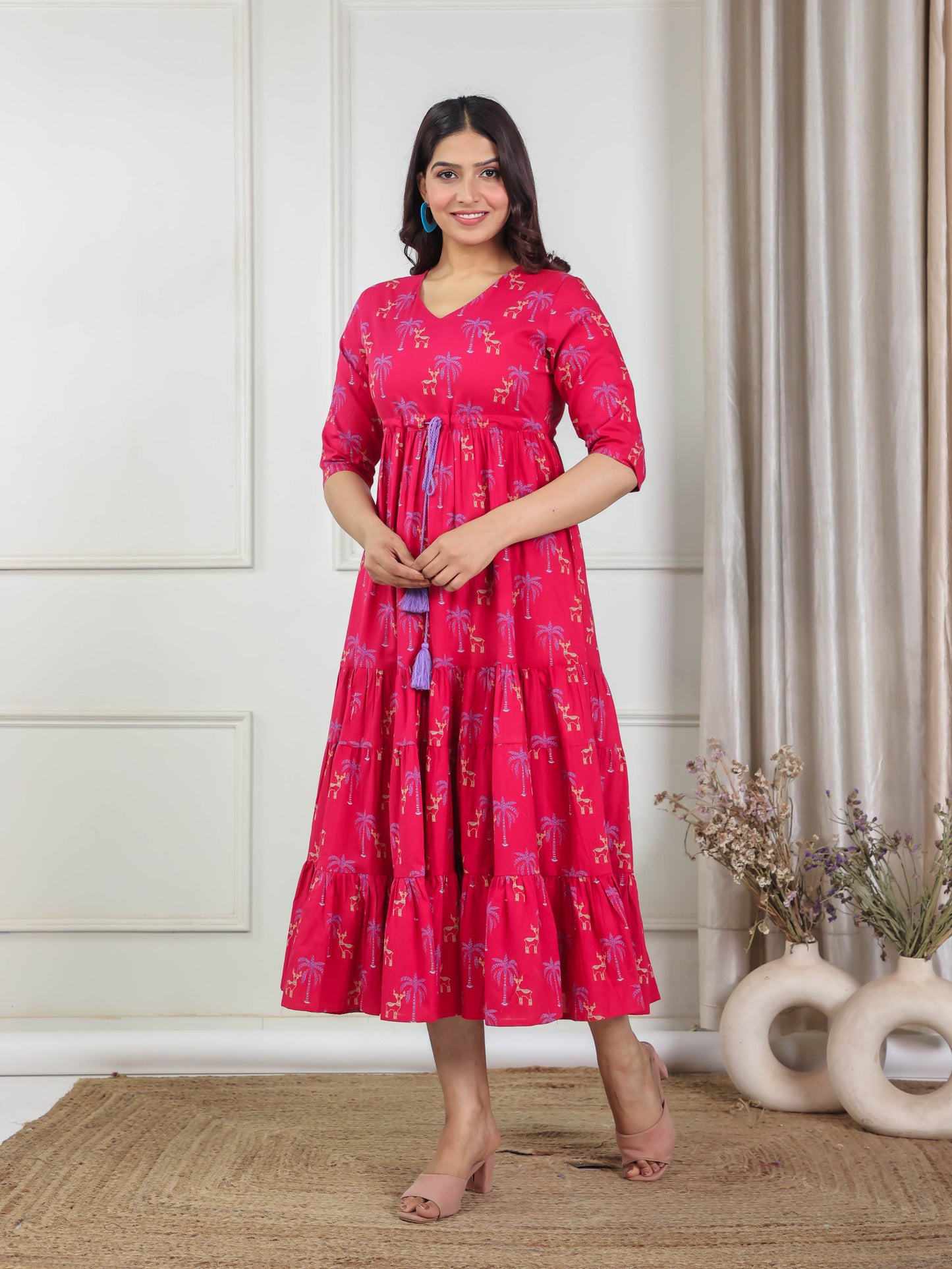 Soft Cotton Animal Anarkali Maroon Dress