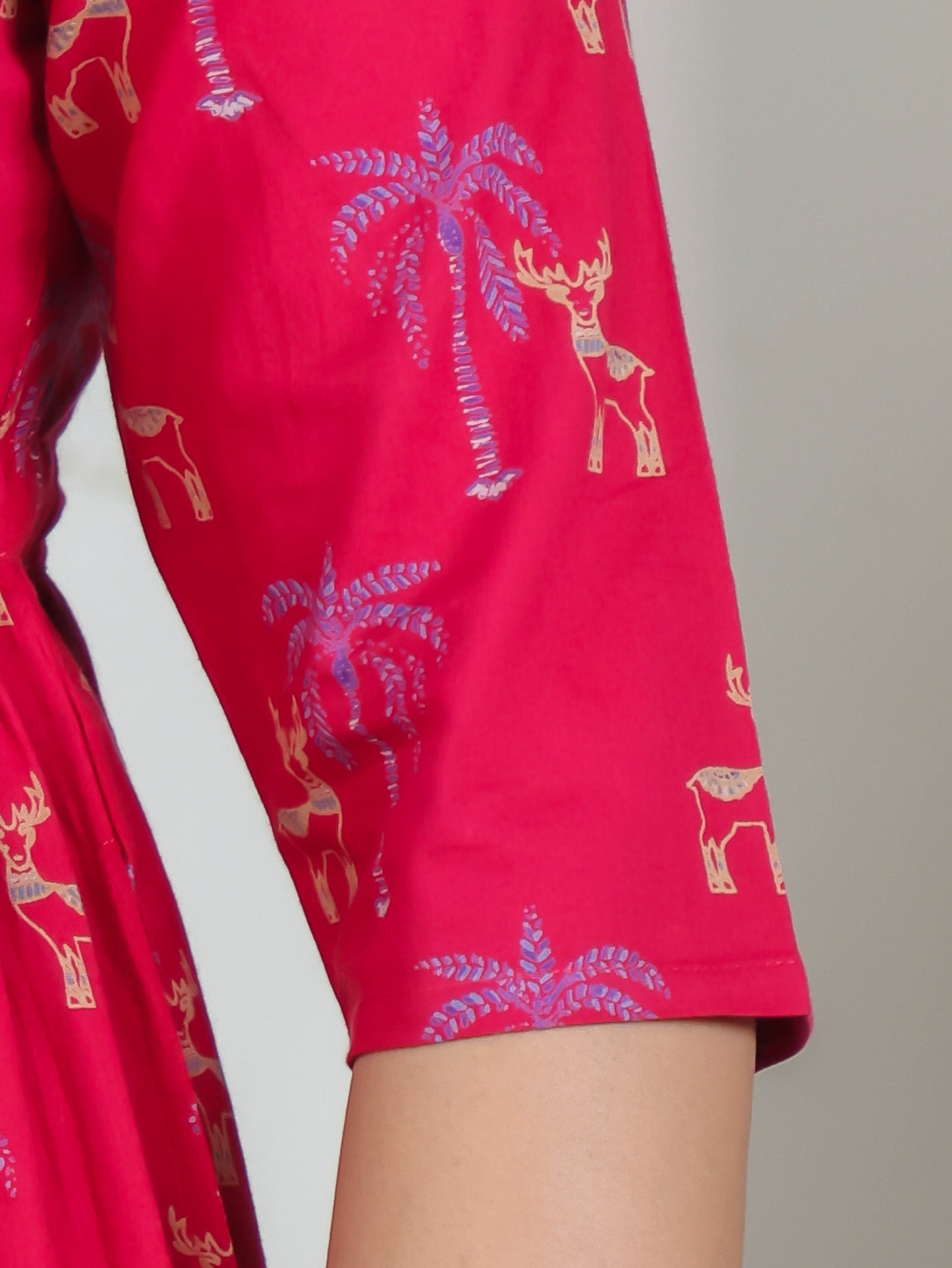 Soft Cotton Animal Anarkali Maroon Dress
