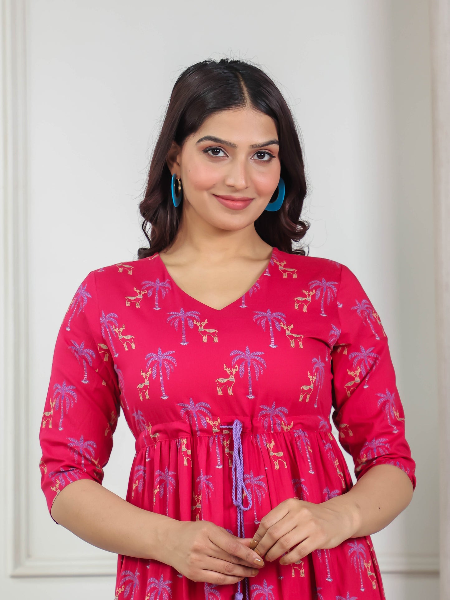Soft Cotton Animal Anarkali Maroon Dress