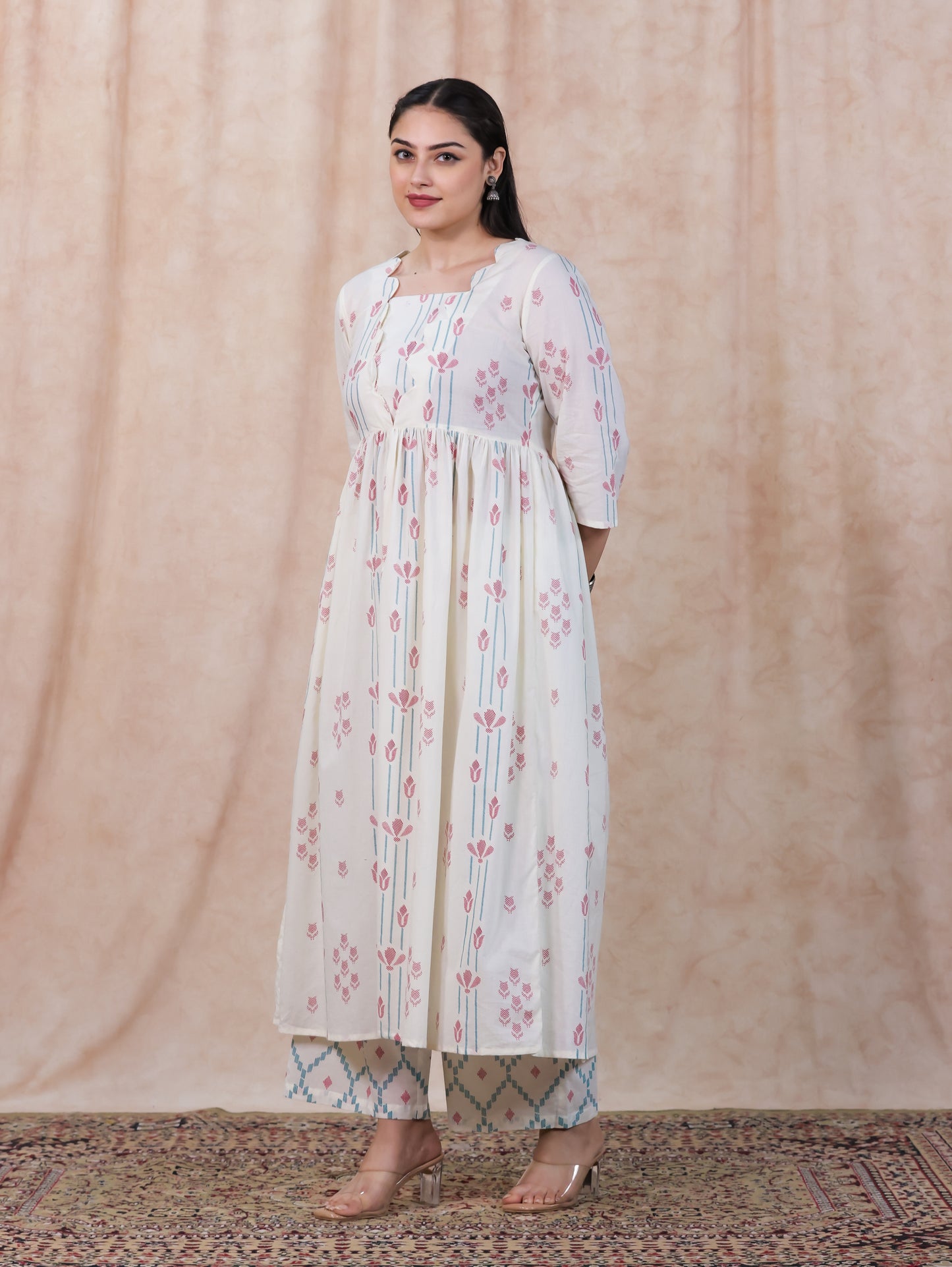 Soft Cotton Geometric Flared Off White Kurta