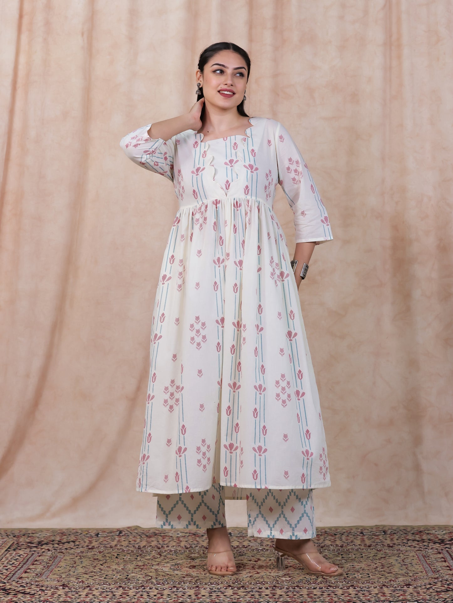 Soft Cotton Geometric Flared Off White Kurta