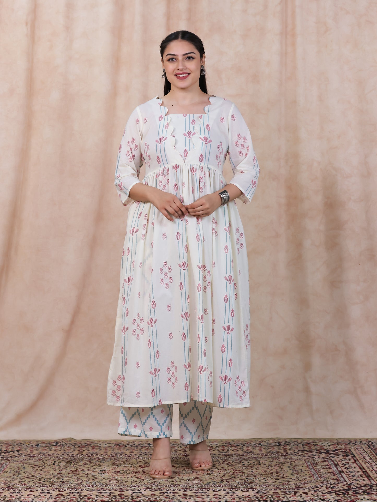 Soft Cotton Geometric Flared Off White Kurta