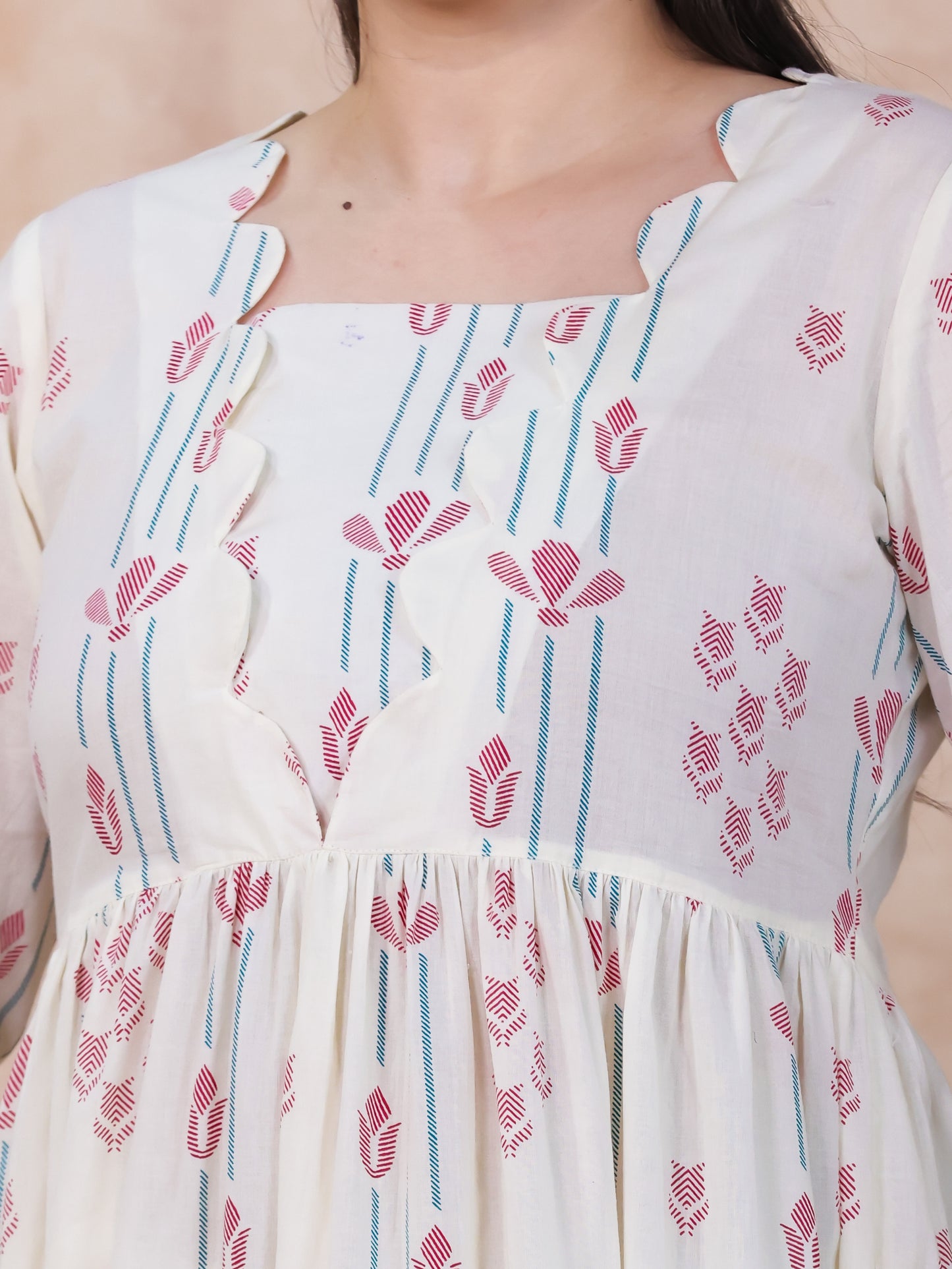 Soft Cotton Geometric Flared Off White Kurta