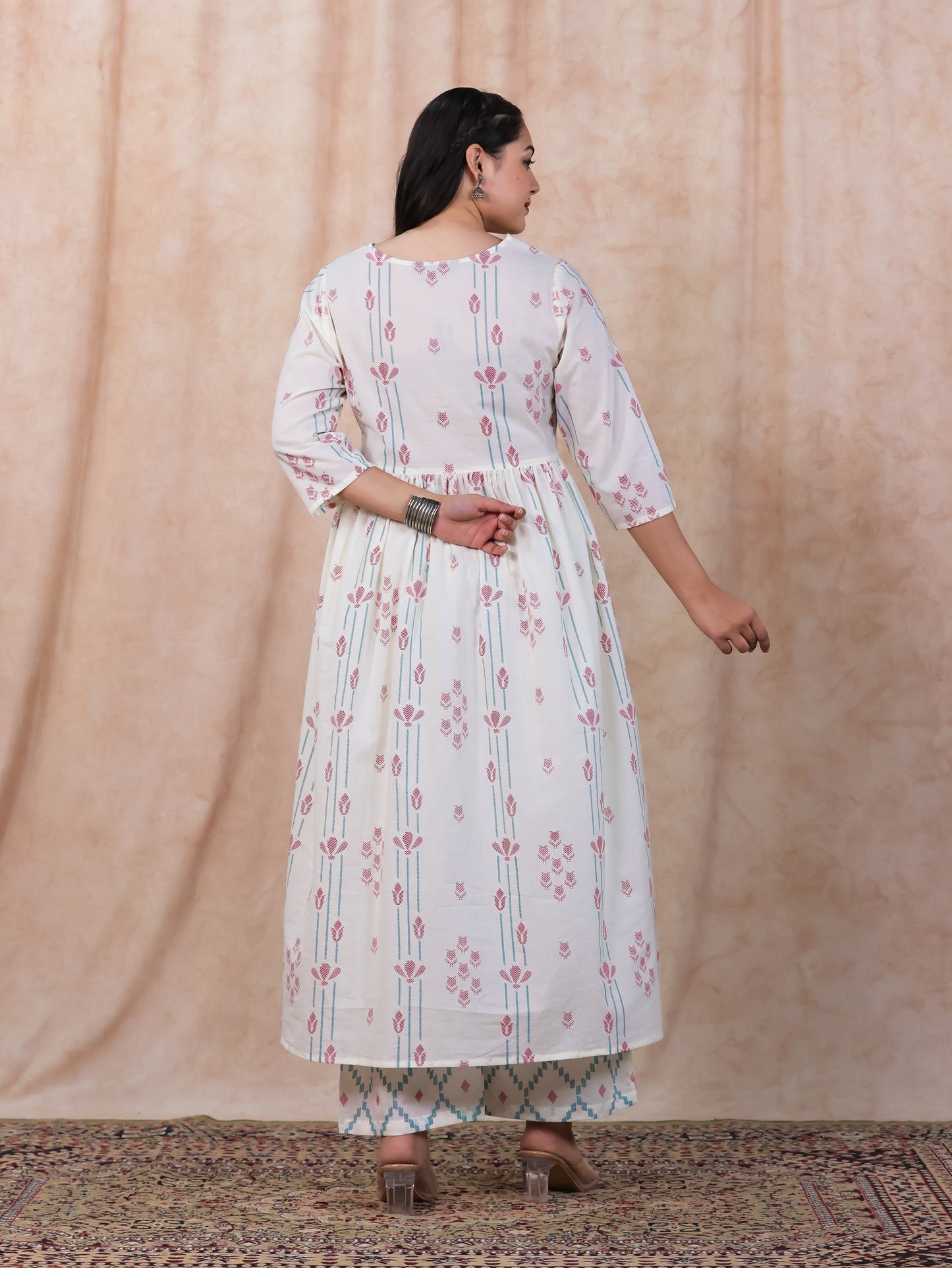 Soft Cotton Geometric Flared Off White Kurta
