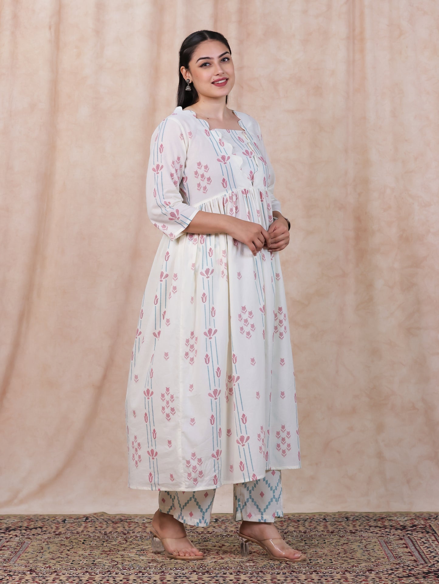Soft Cotton Geometric Flared Off White Kurta