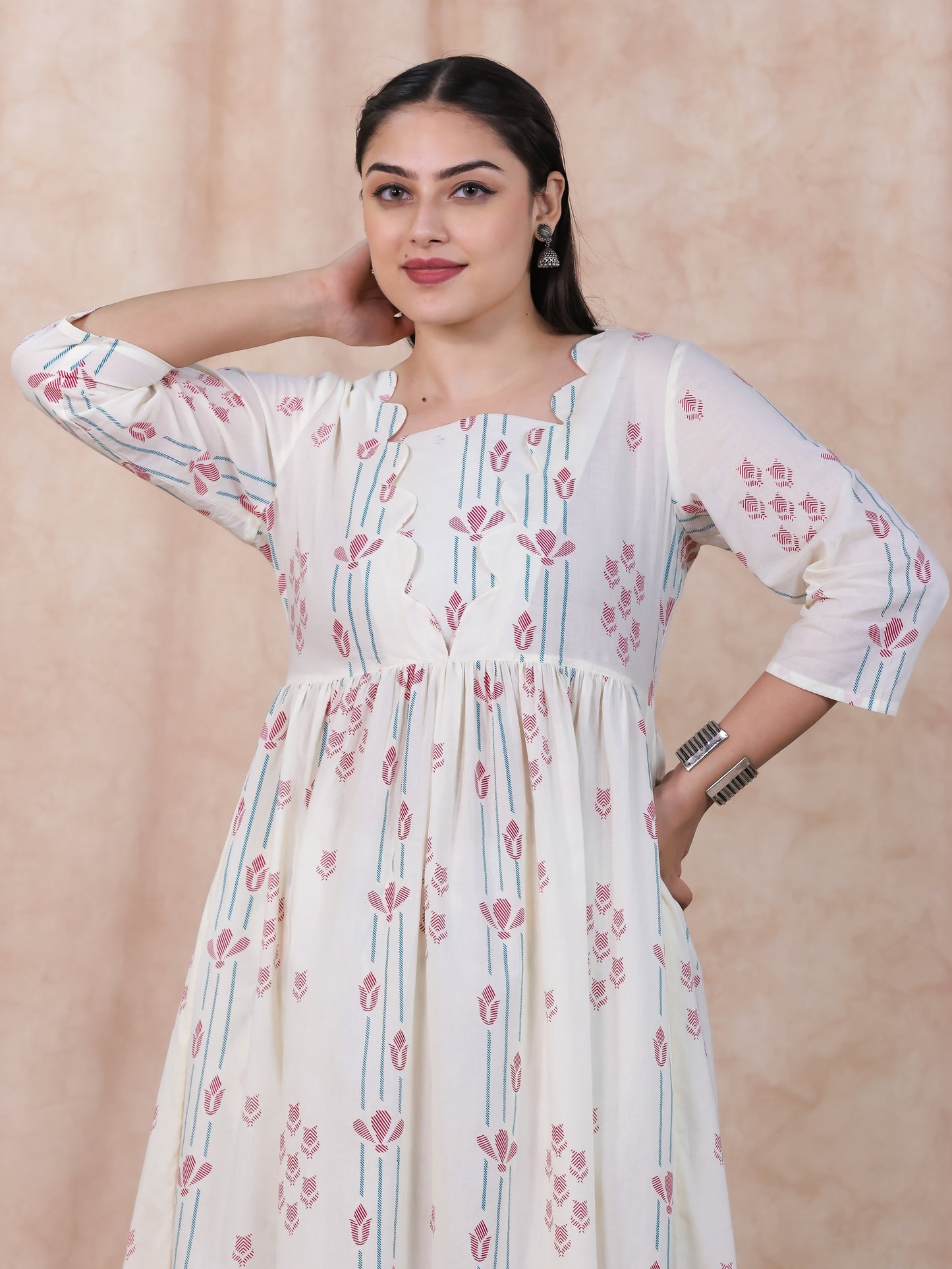 Soft Cotton Geometric Flared Off White Kurta