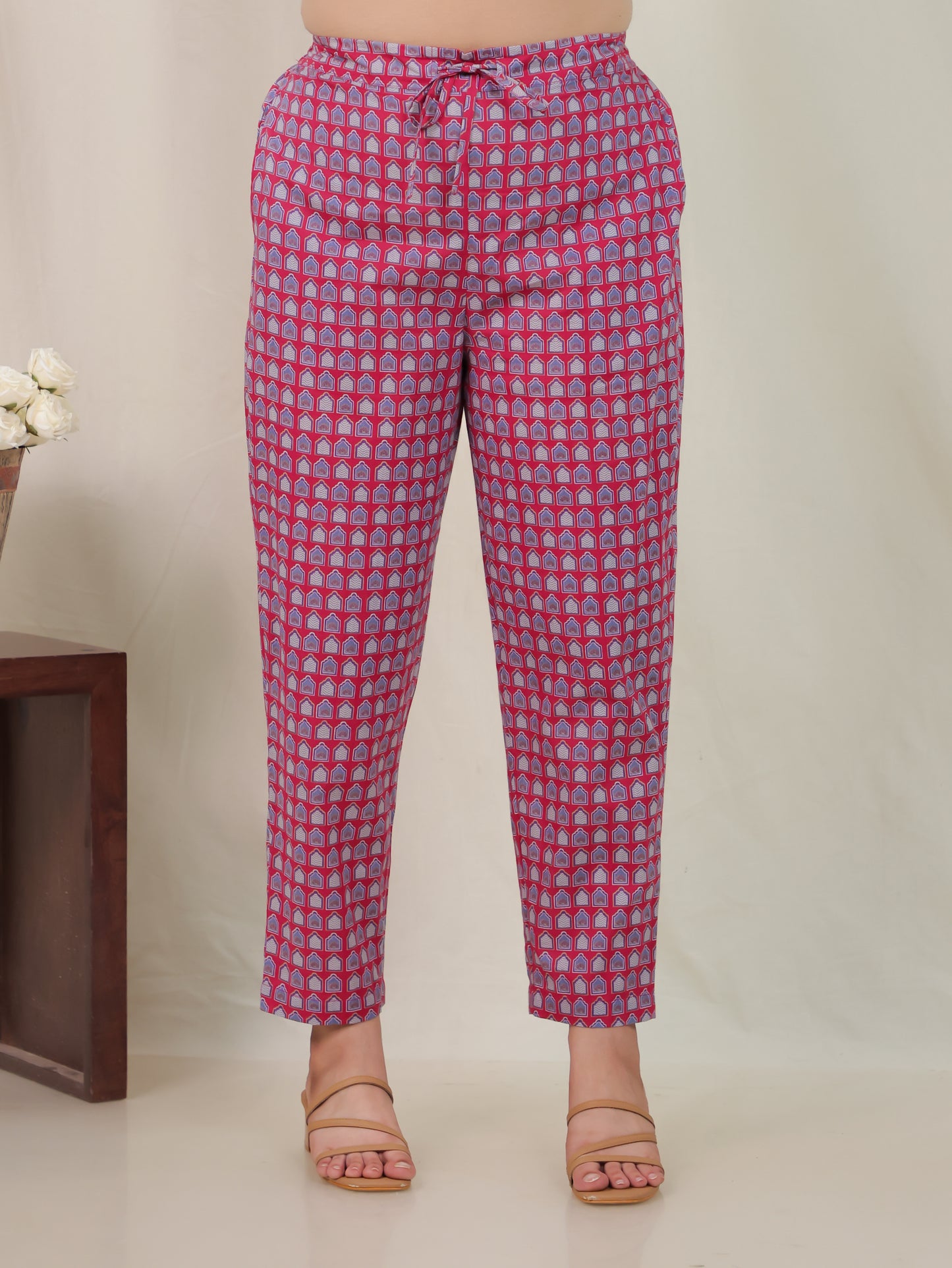 Soft Cotton Mughal Print Pink Trousers  Tapered Trousers