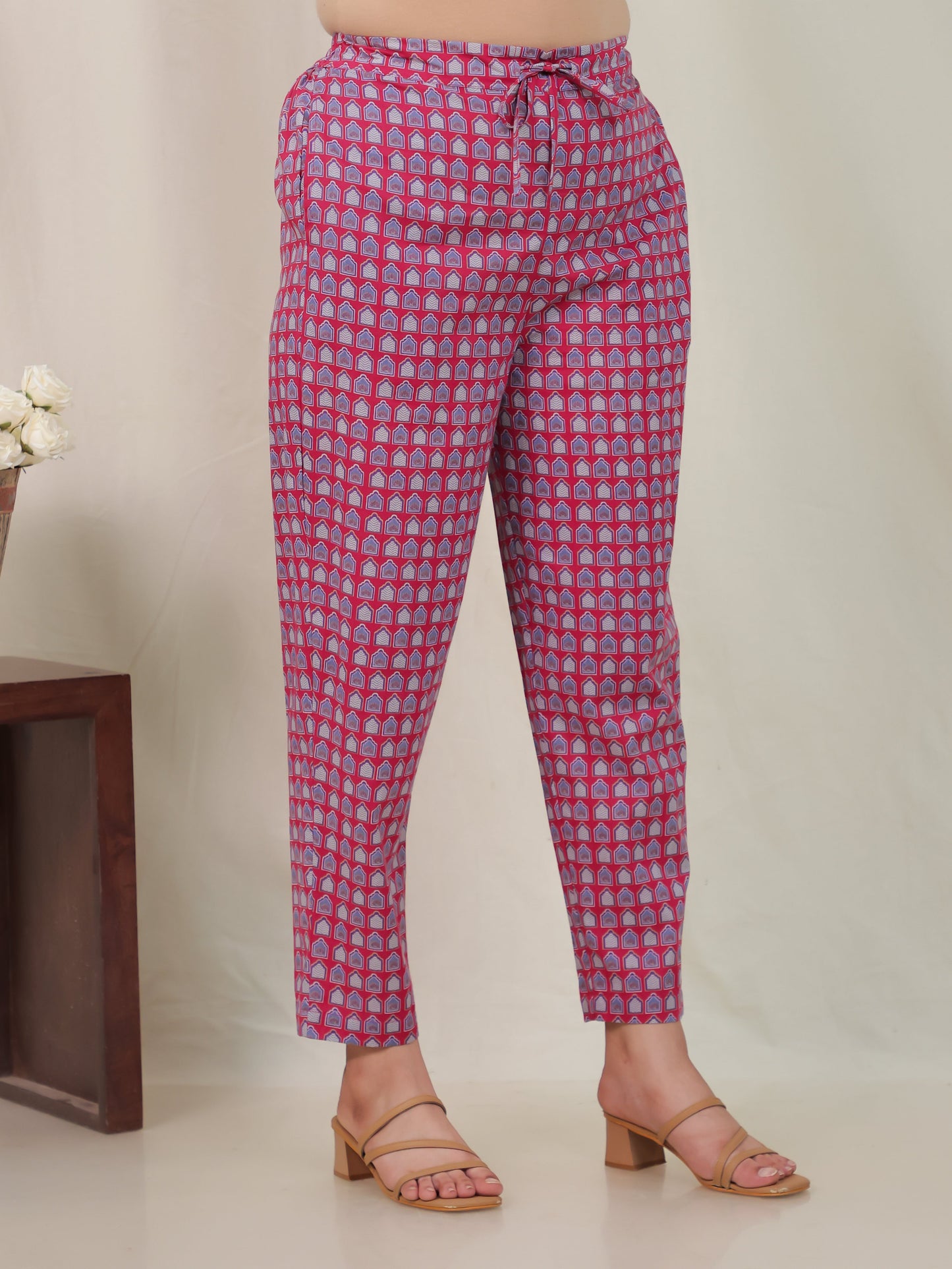 Soft Cotton Mughal Print Pink Trousers  Tapered Trousers