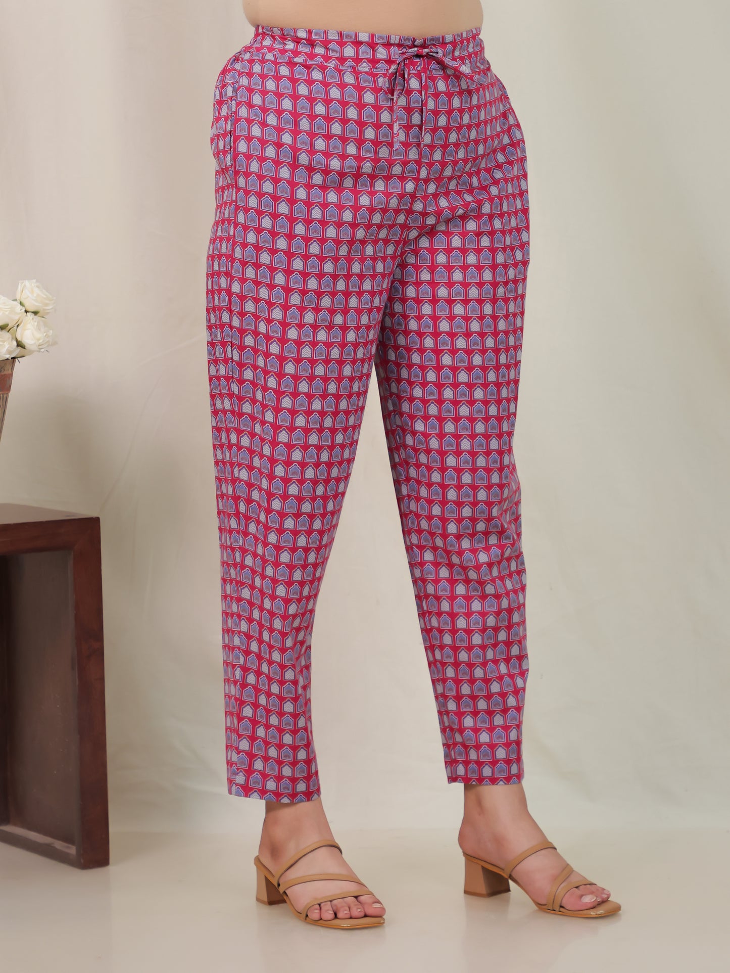 Soft Cotton Mughal Print Pink Trousers  Tapered Trousers