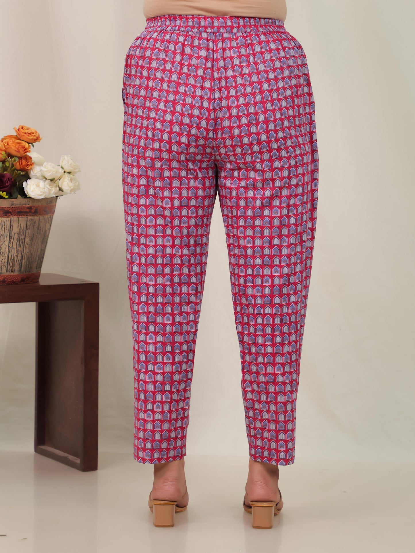 Soft Cotton Mughal Print Pink Trousers  Tapered Trousers