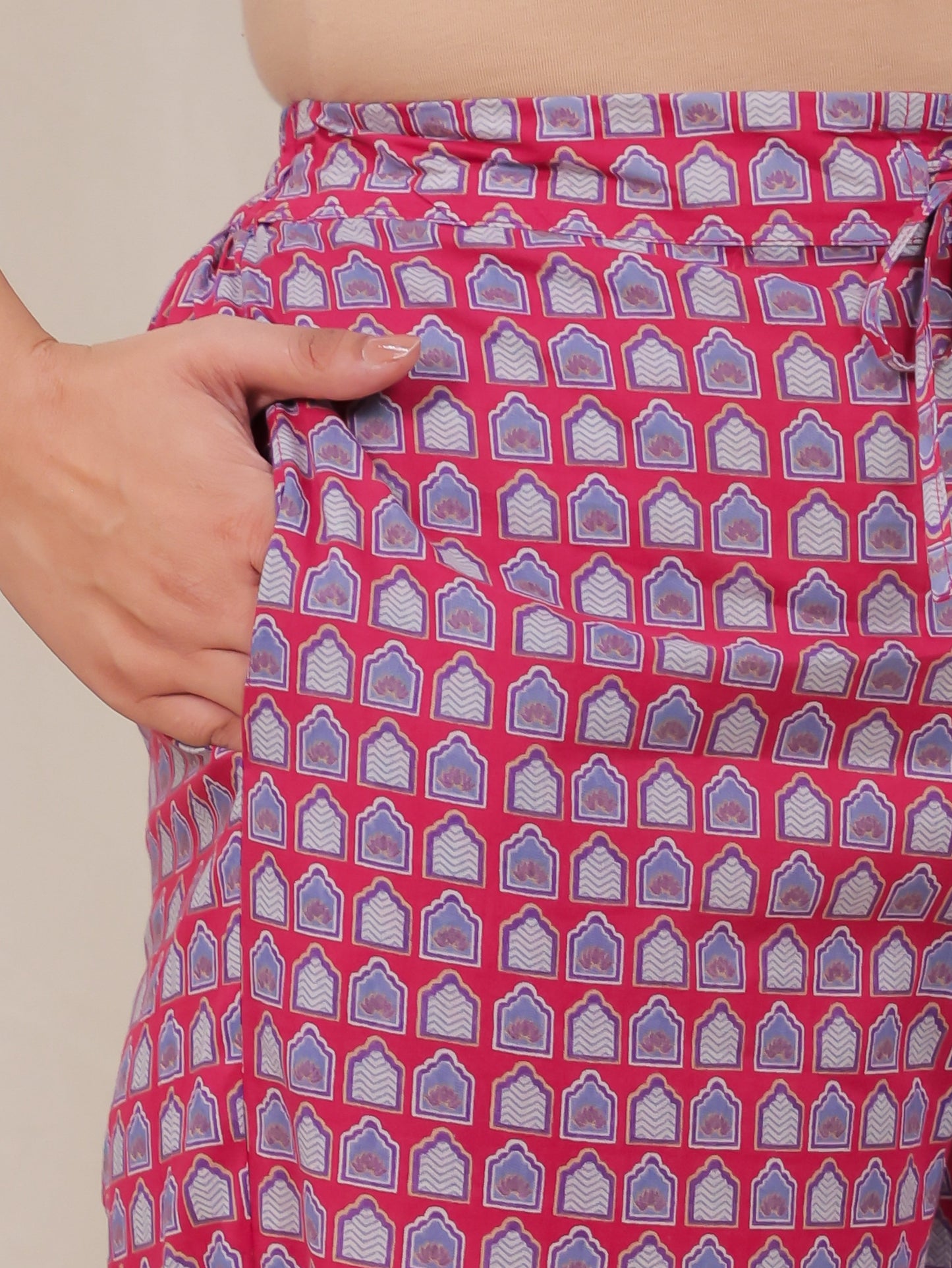 Soft Cotton Mughal Print Pink Trousers  Tapered Trousers