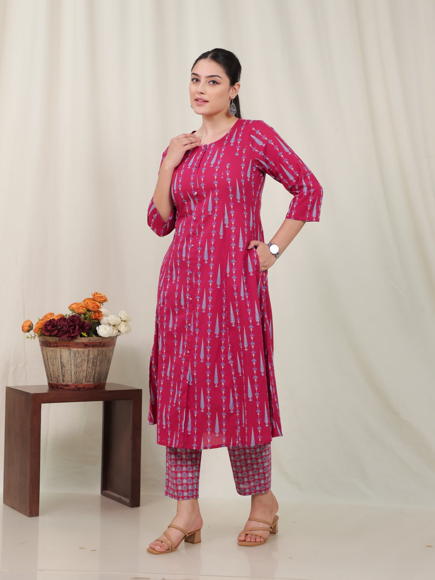 Soft Cotton Floral Flared Maroon Kurta