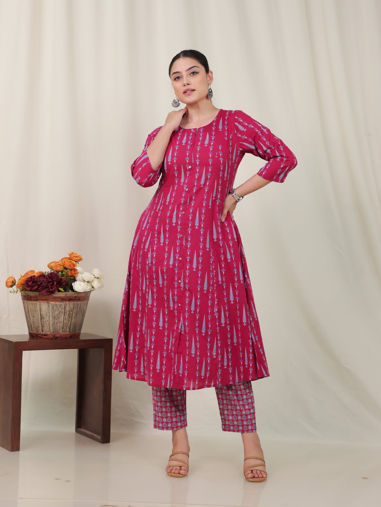 Soft Cotton Floral Flared Maroon Kurta