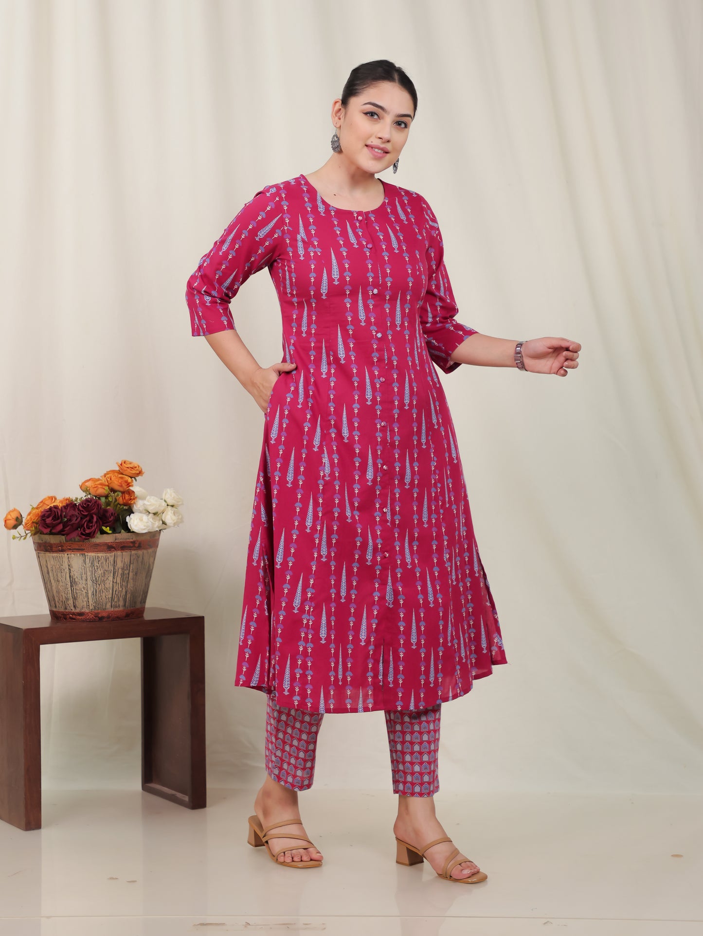Soft Cotton Floral Flared Maroon Kurta