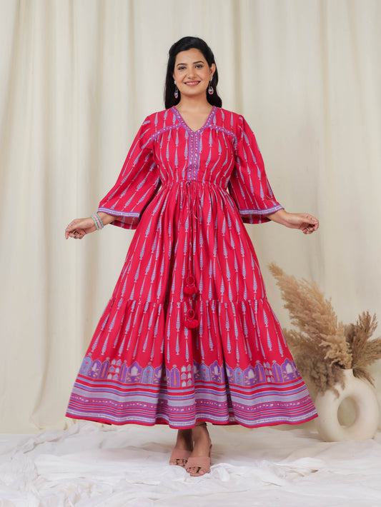 Soft Cotton Ajrakh Gathered Pink Dress