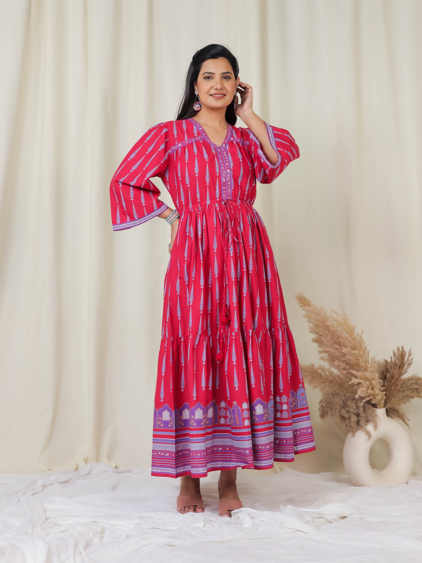 Soft Cotton Ajrakh Gathered Pink Dress