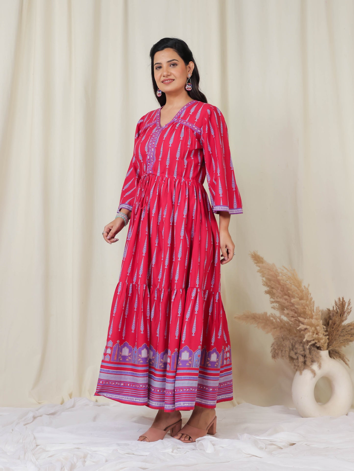 Soft Cotton Ajrakh Gathered Pink Dress