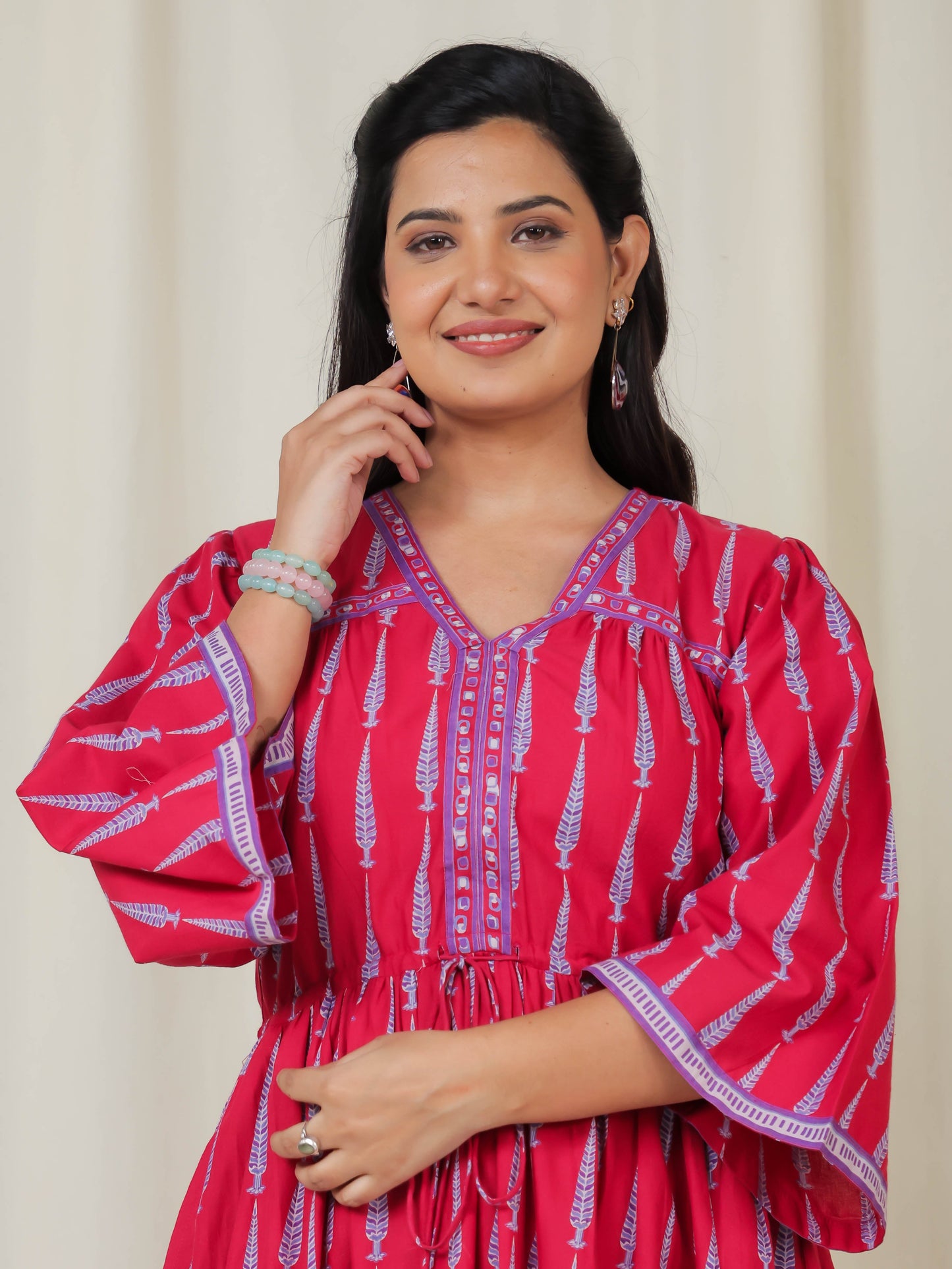 Soft Cotton Ajrakh Gathered Pink Dress