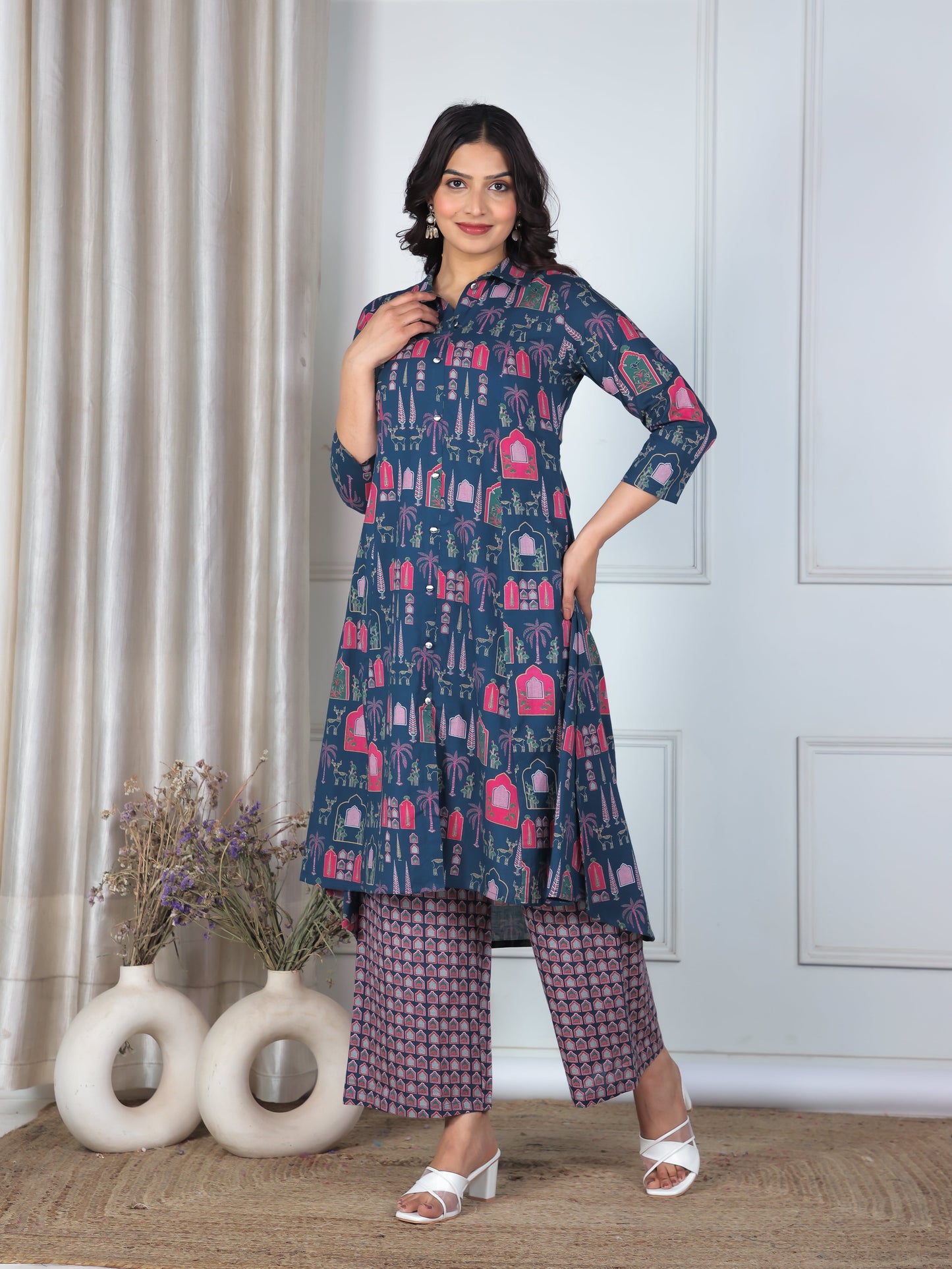 Soft Cotton Mughal High Low Blue Kurta