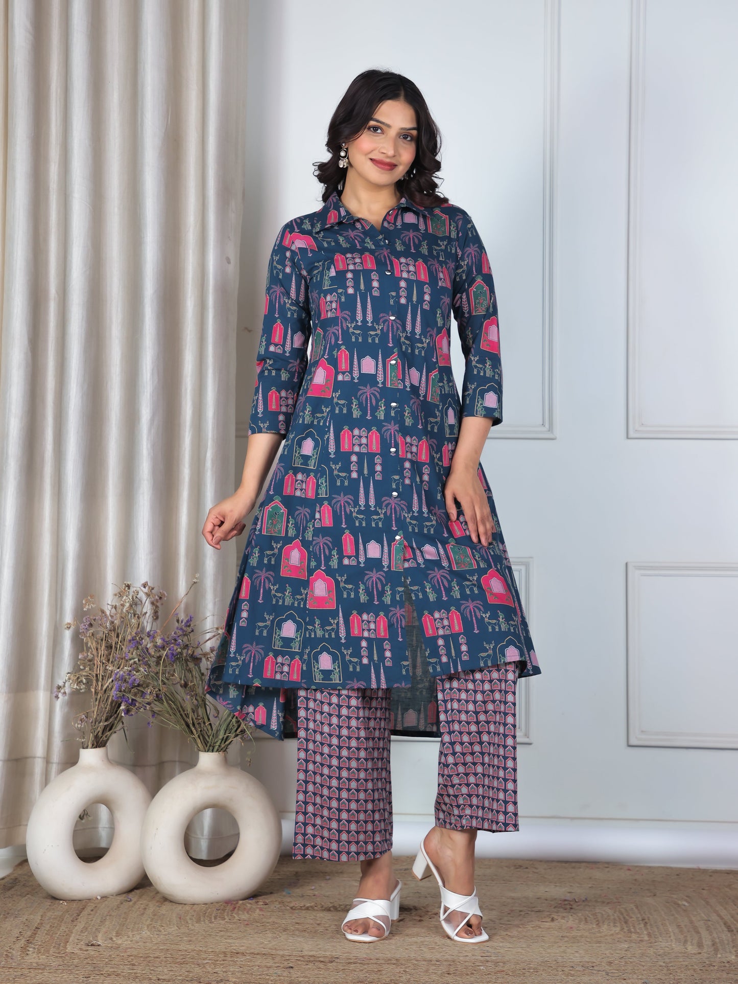 Soft Cotton Mughal High Low Blue Kurta