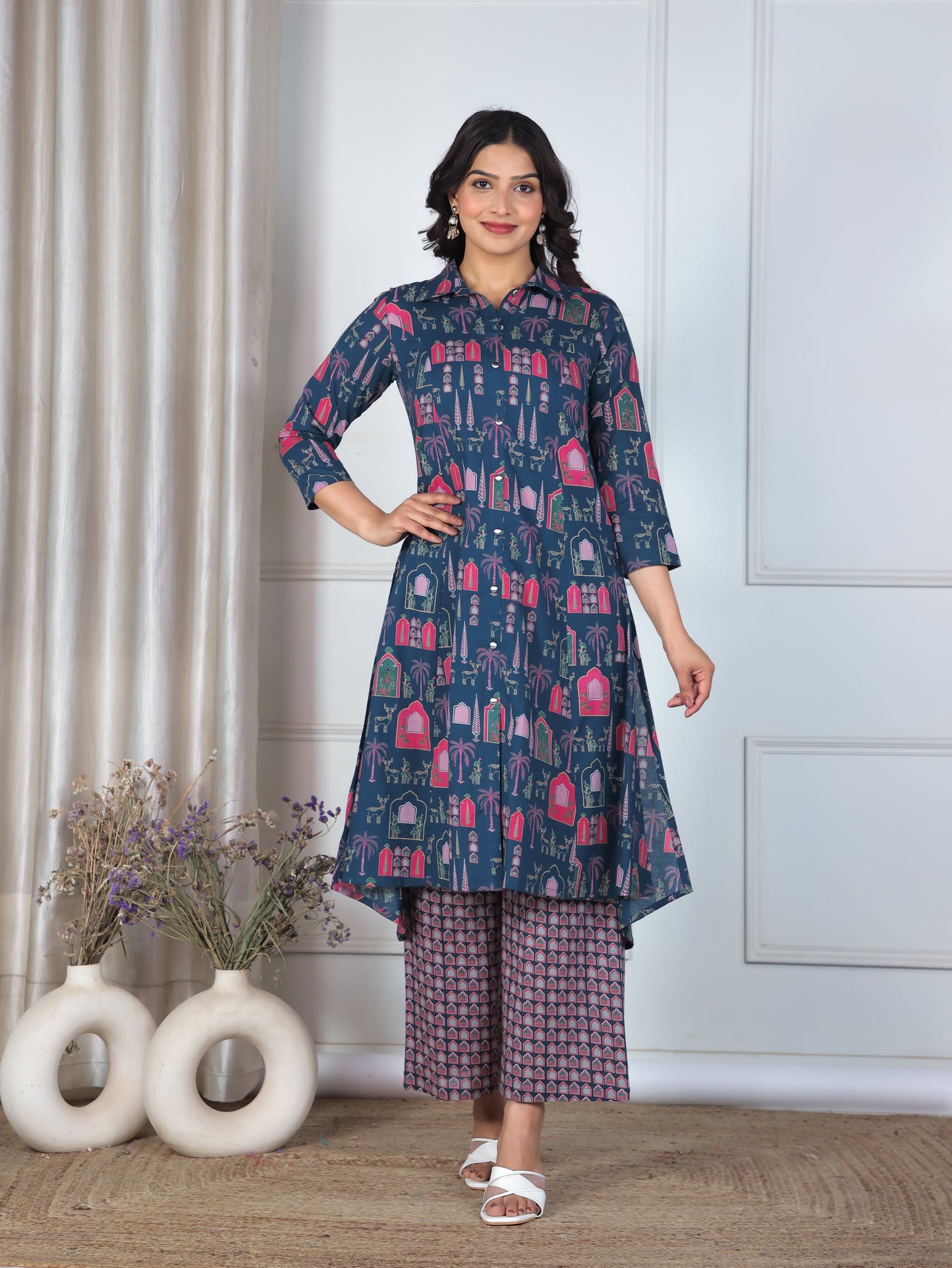 Soft Cotton Mughal High Low Blue Kurta