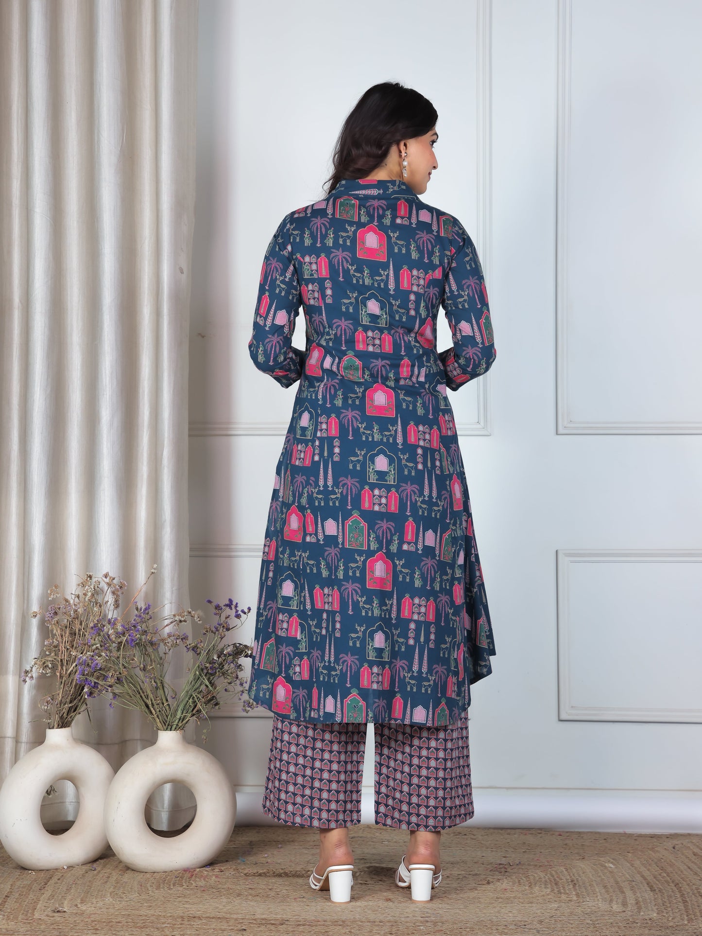 Soft Cotton Mughal High Low Blue Kurta