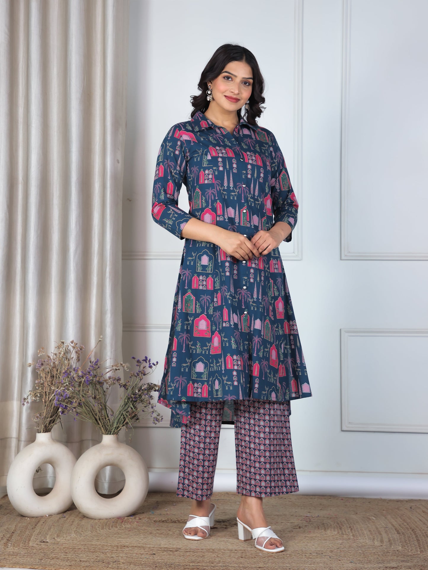 Soft Cotton Mughal High Low Blue Kurta