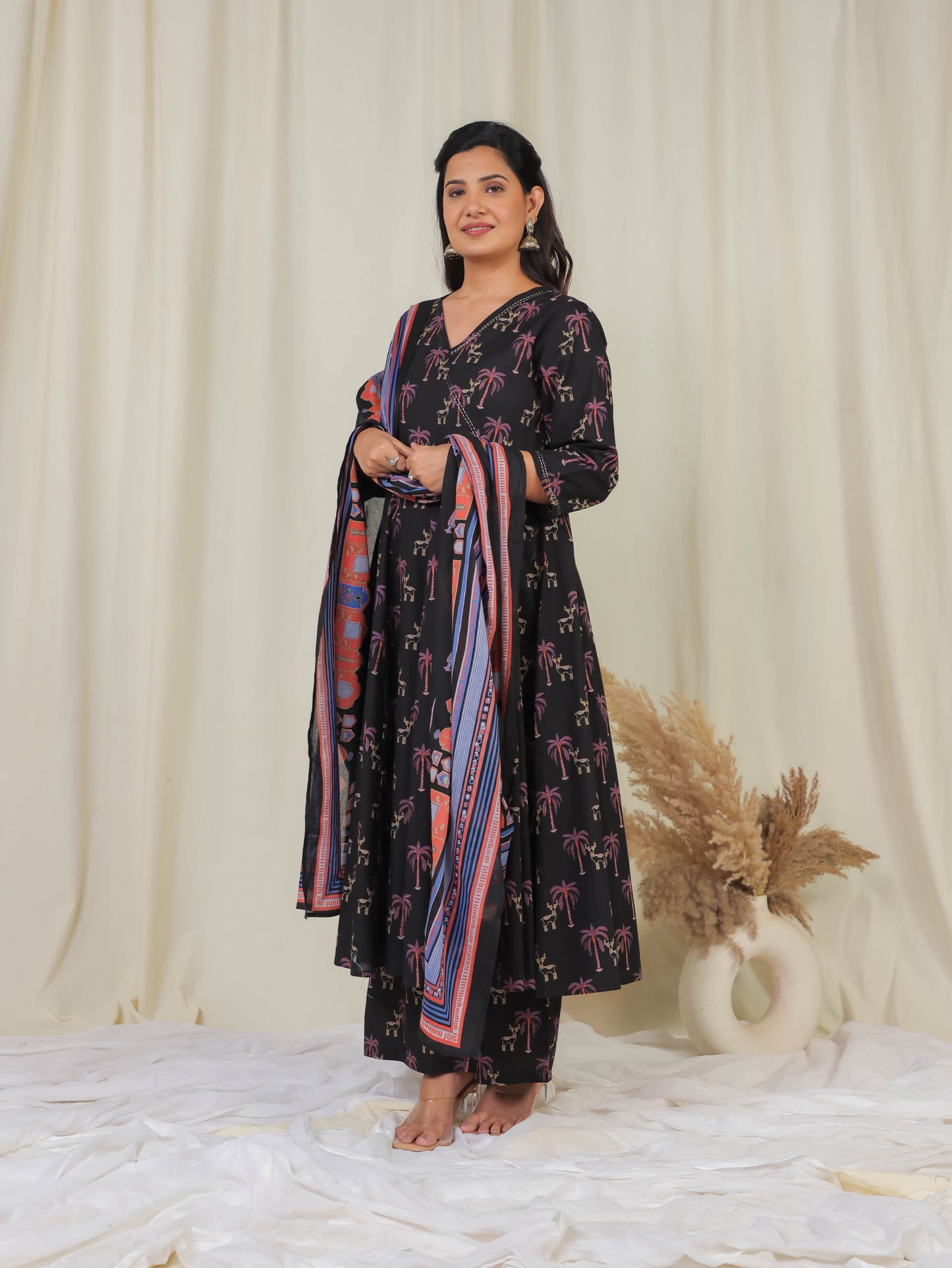 Embroidered Soft Cotton Animal Angrakha Black Kurta