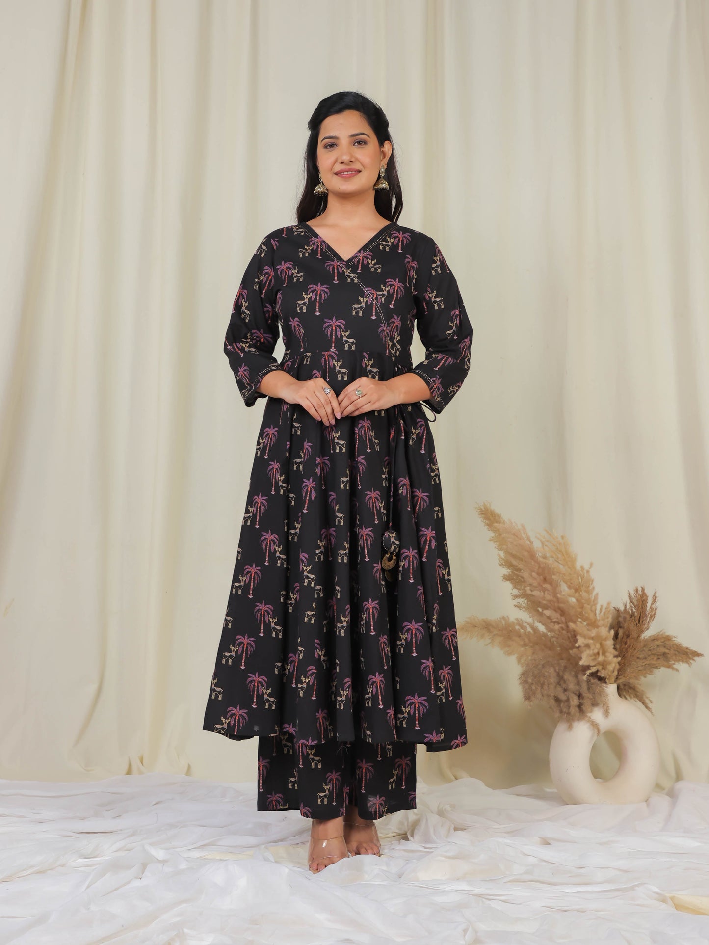 Embroidered Soft Cotton Animal Angrakha Black Kurta