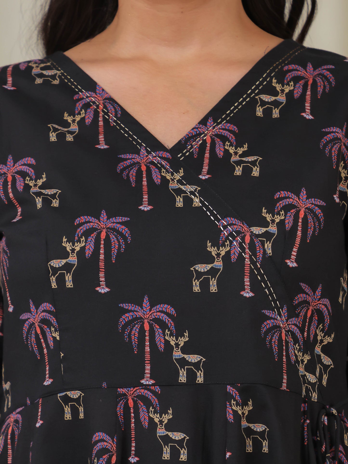 Embroidered Soft Cotton Animal Angrakha Black Kurta