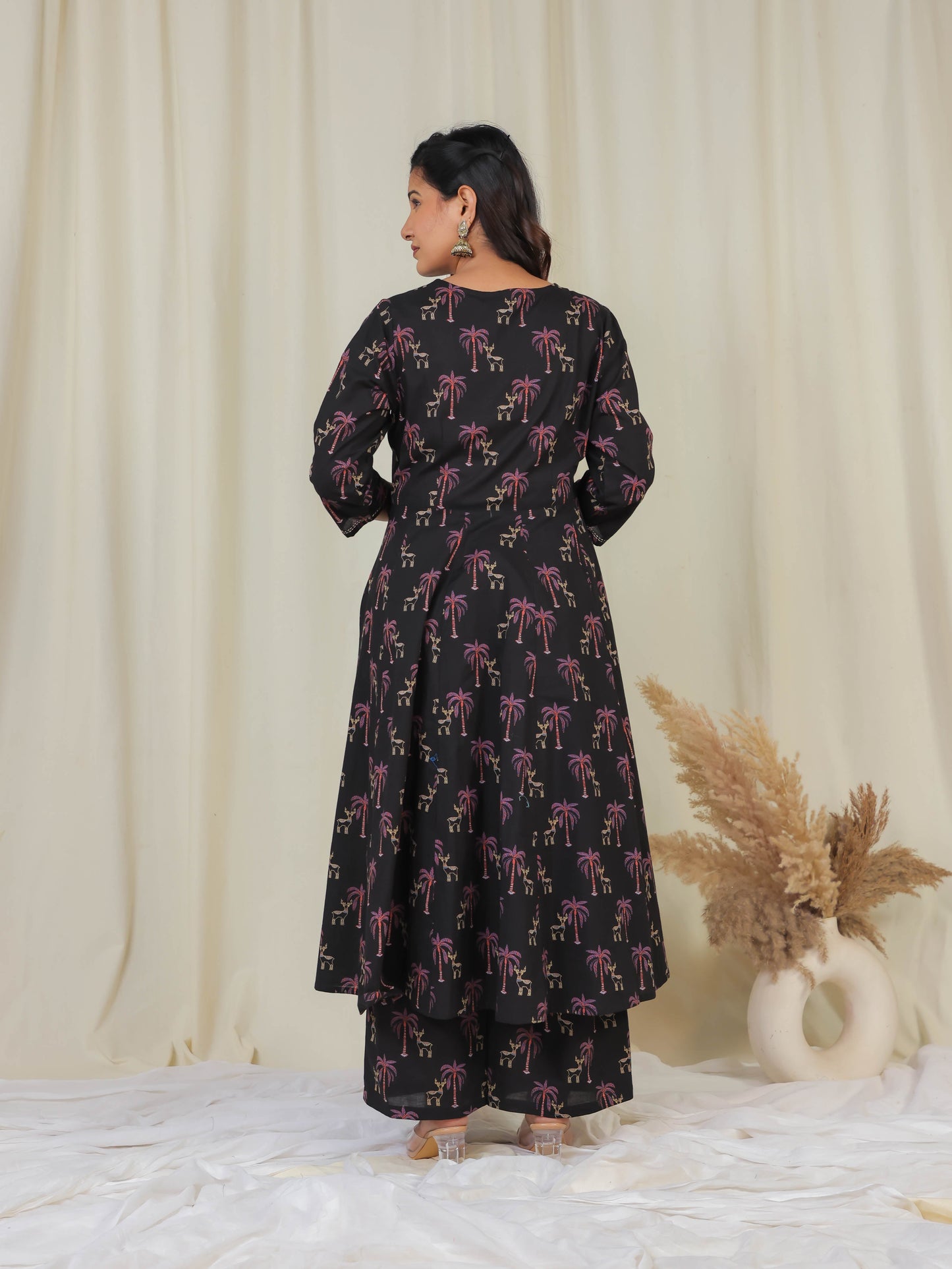 Embroidered Soft Cotton Animal Angrakha Black Kurta