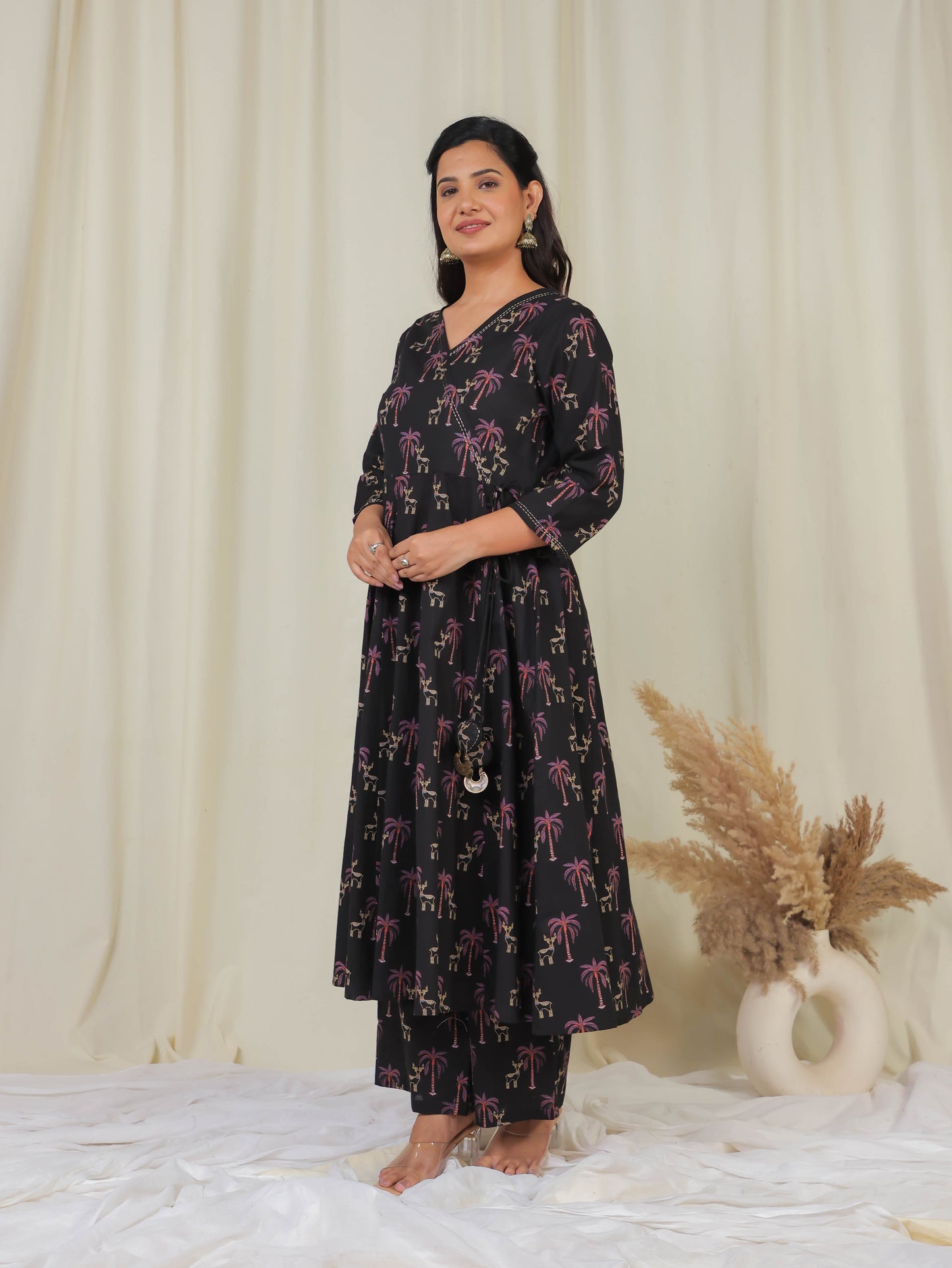 Embroidered Soft Cotton Animal Angrakha Black Kurta