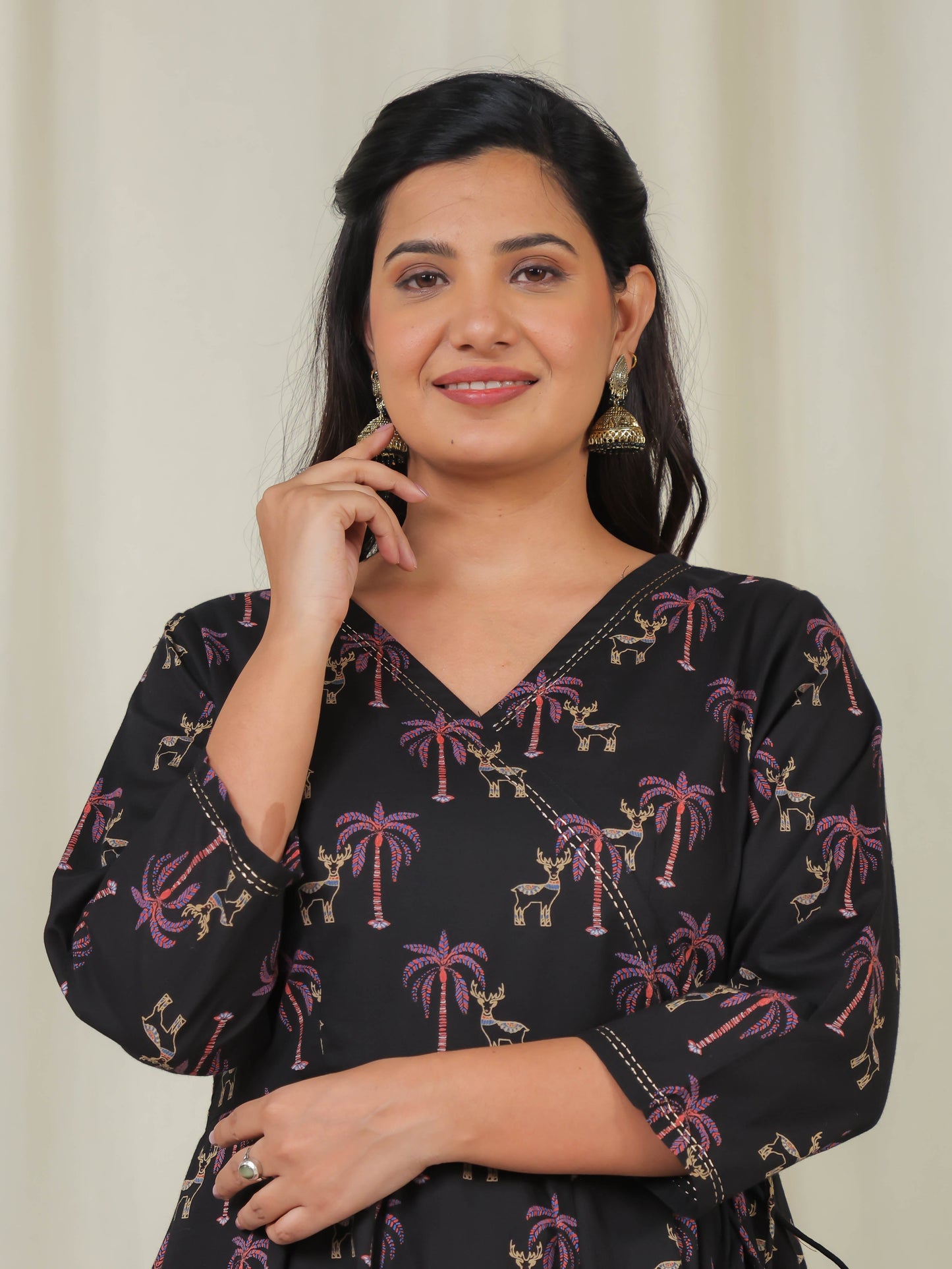 Embroidered Soft Cotton Animal Angrakha Black Kurta