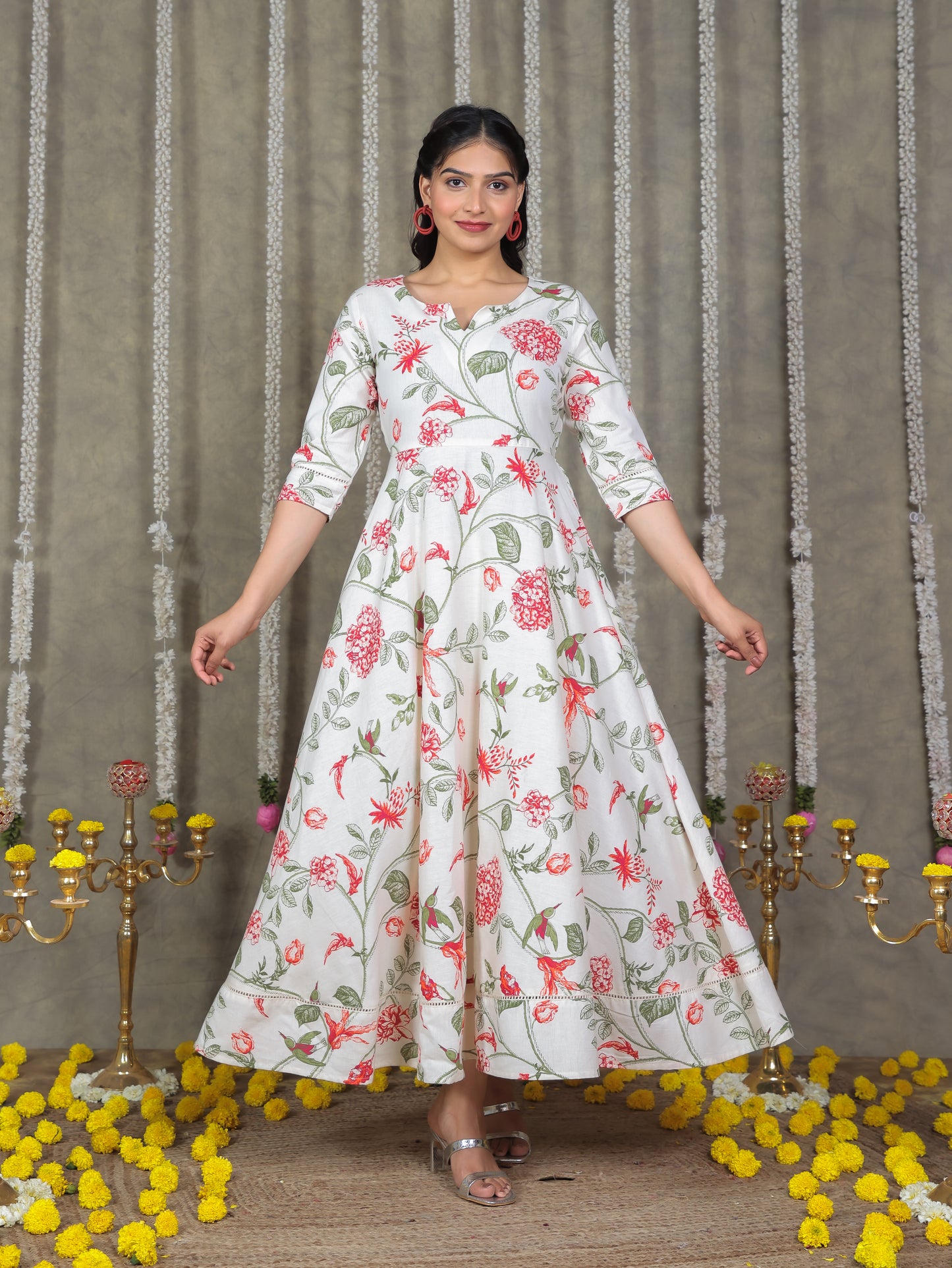 Linen Cotton Floral Anarkali Off White Dress