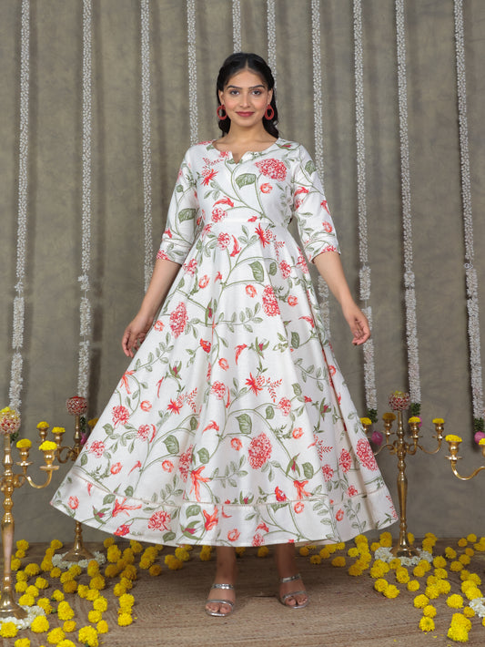 Linen Cotton Floral Anarkali Off White Dress