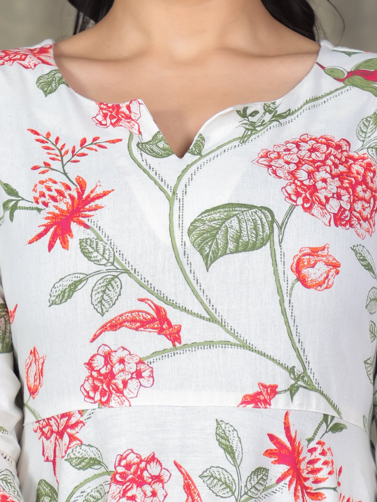 Linen Cotton Floral Anarkali Off White Dress