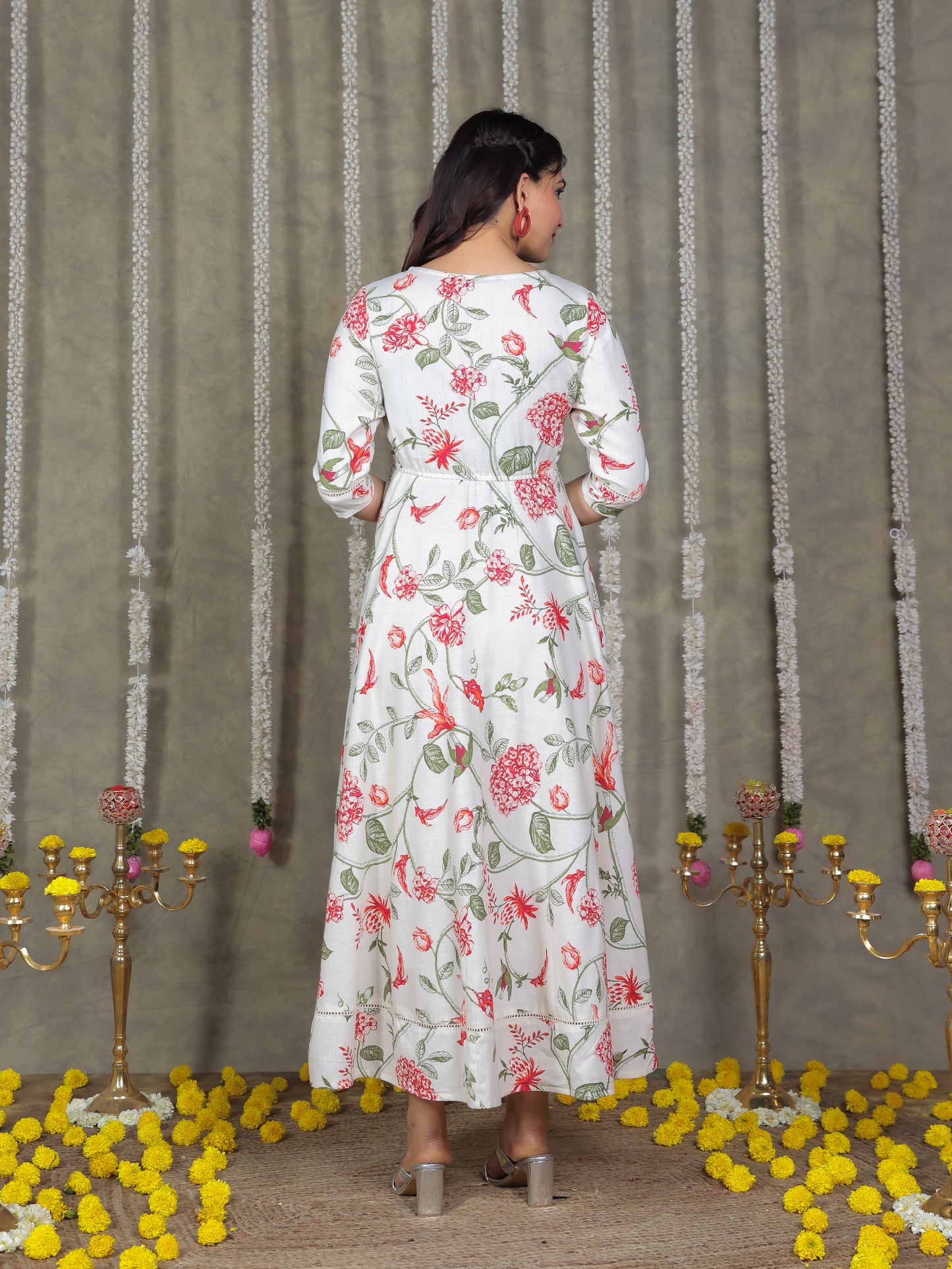 Linen Cotton Floral Anarkali Off White Dress