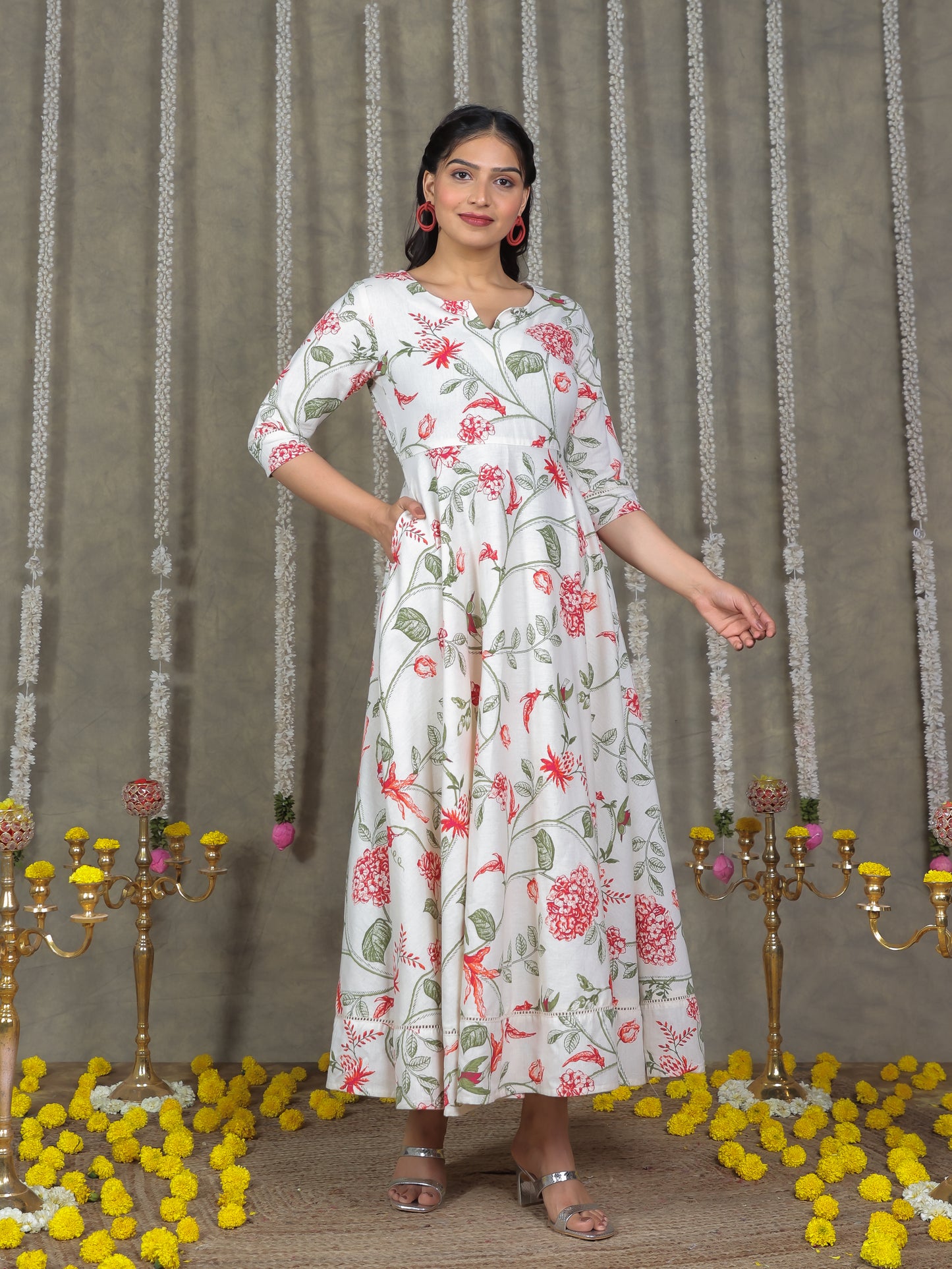 Linen Cotton Floral Anarkali Off White Dress