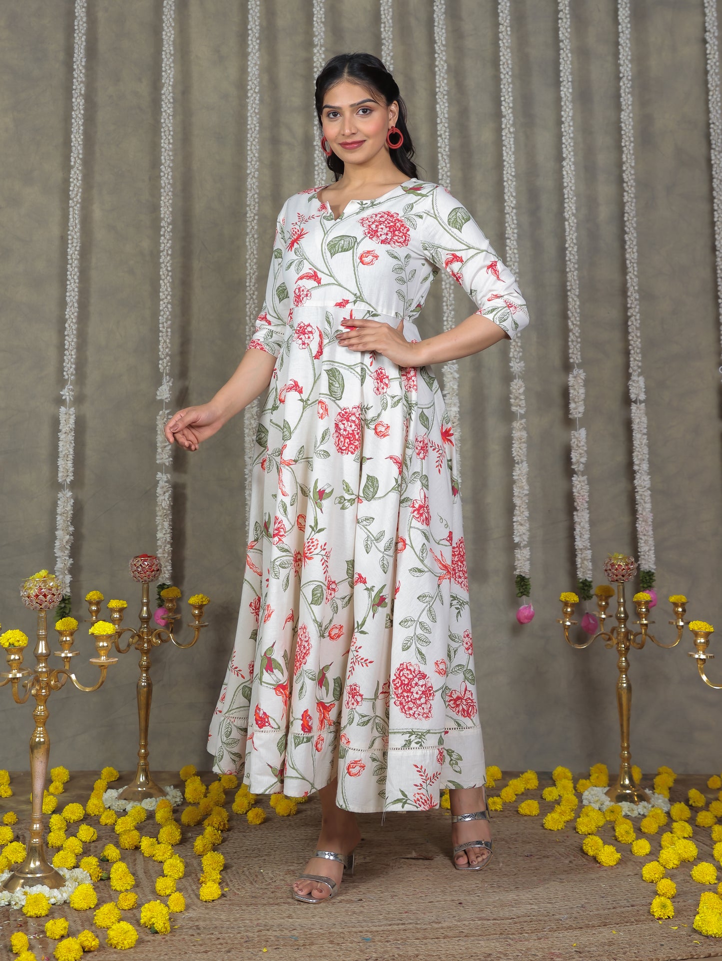 Linen Cotton Floral Anarkali Off White Dress
