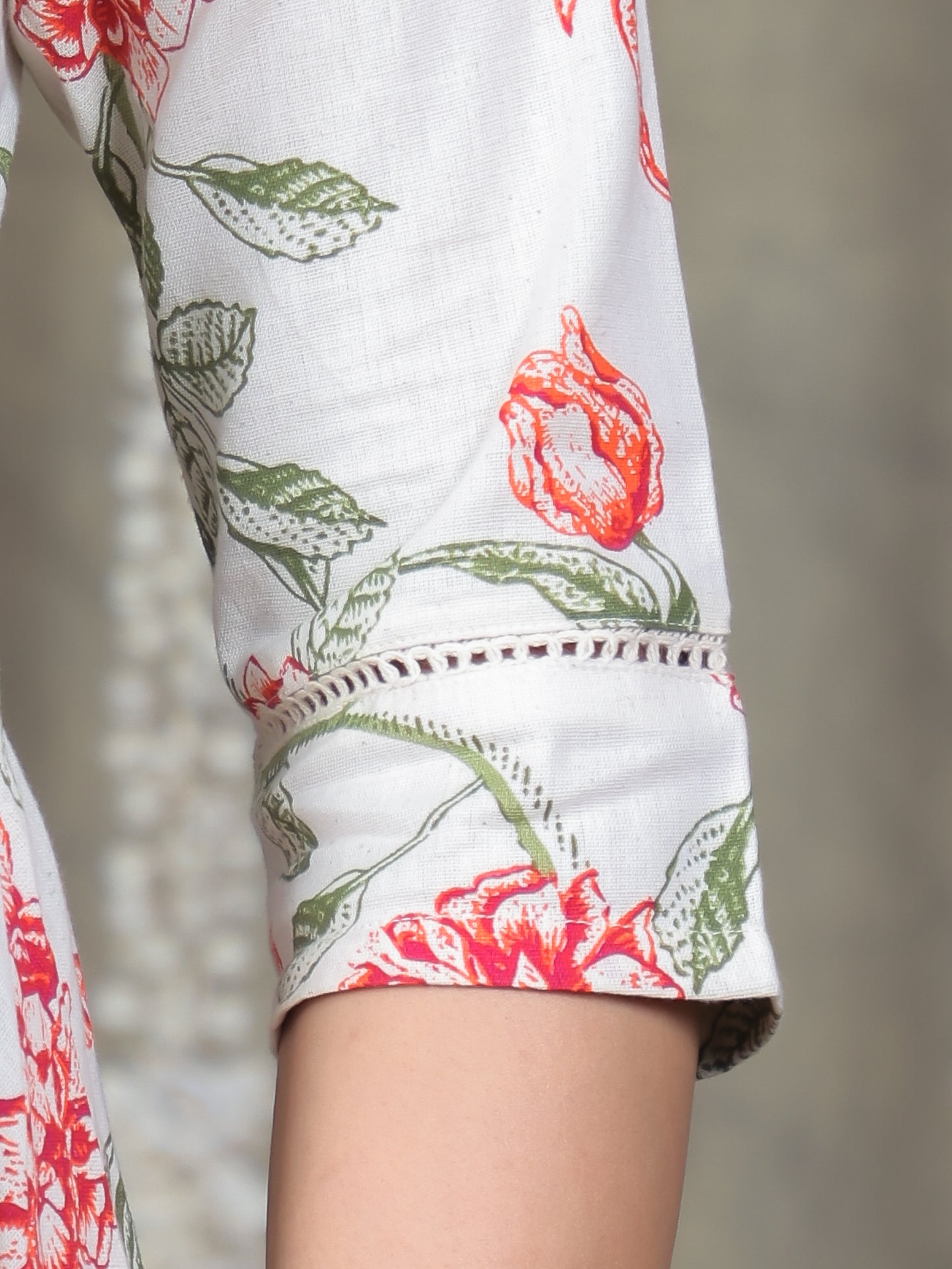 Linen Cotton Floral Anarkali Off White Dress