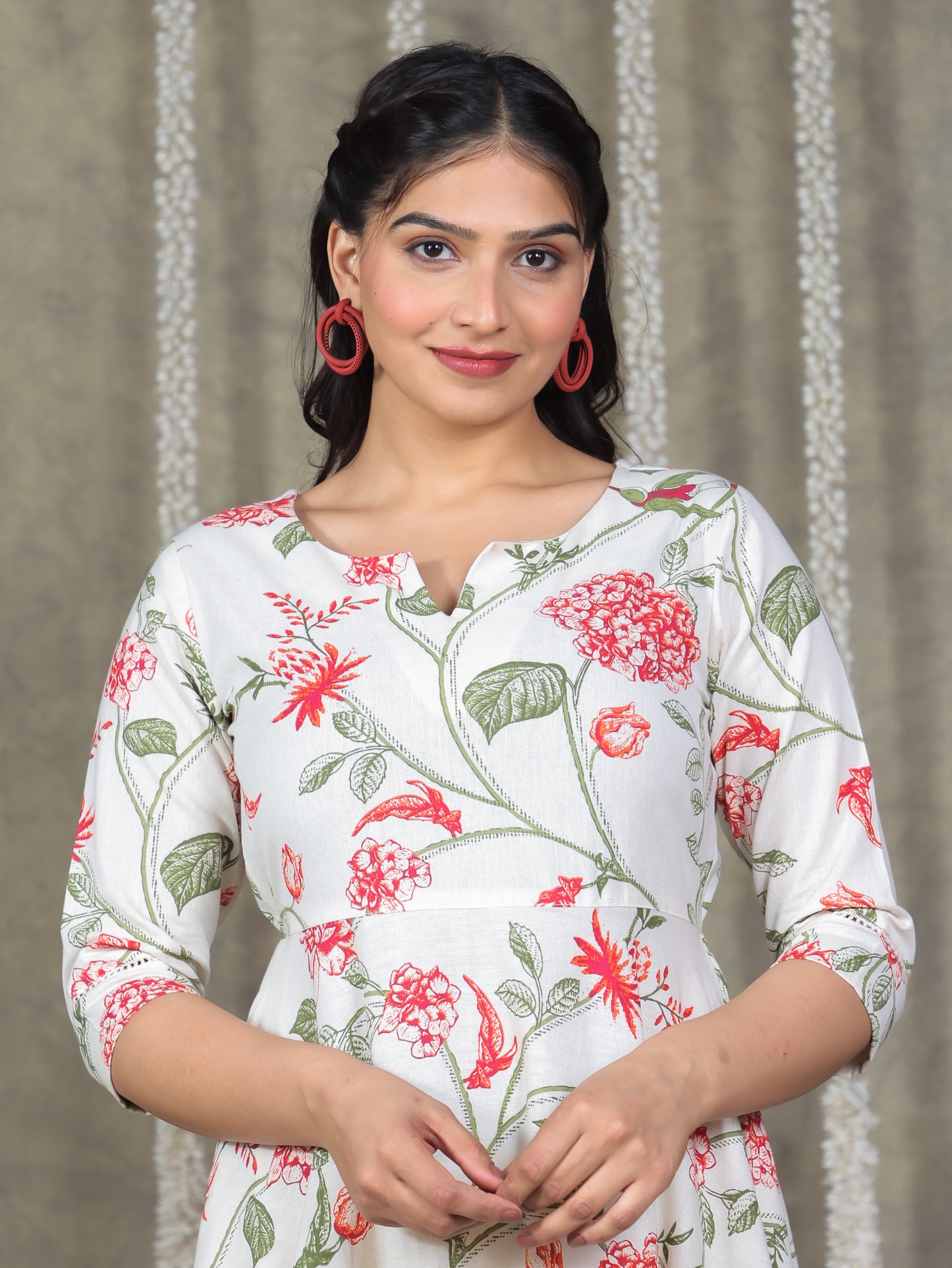 Linen Cotton Floral Anarkali Off White Dress