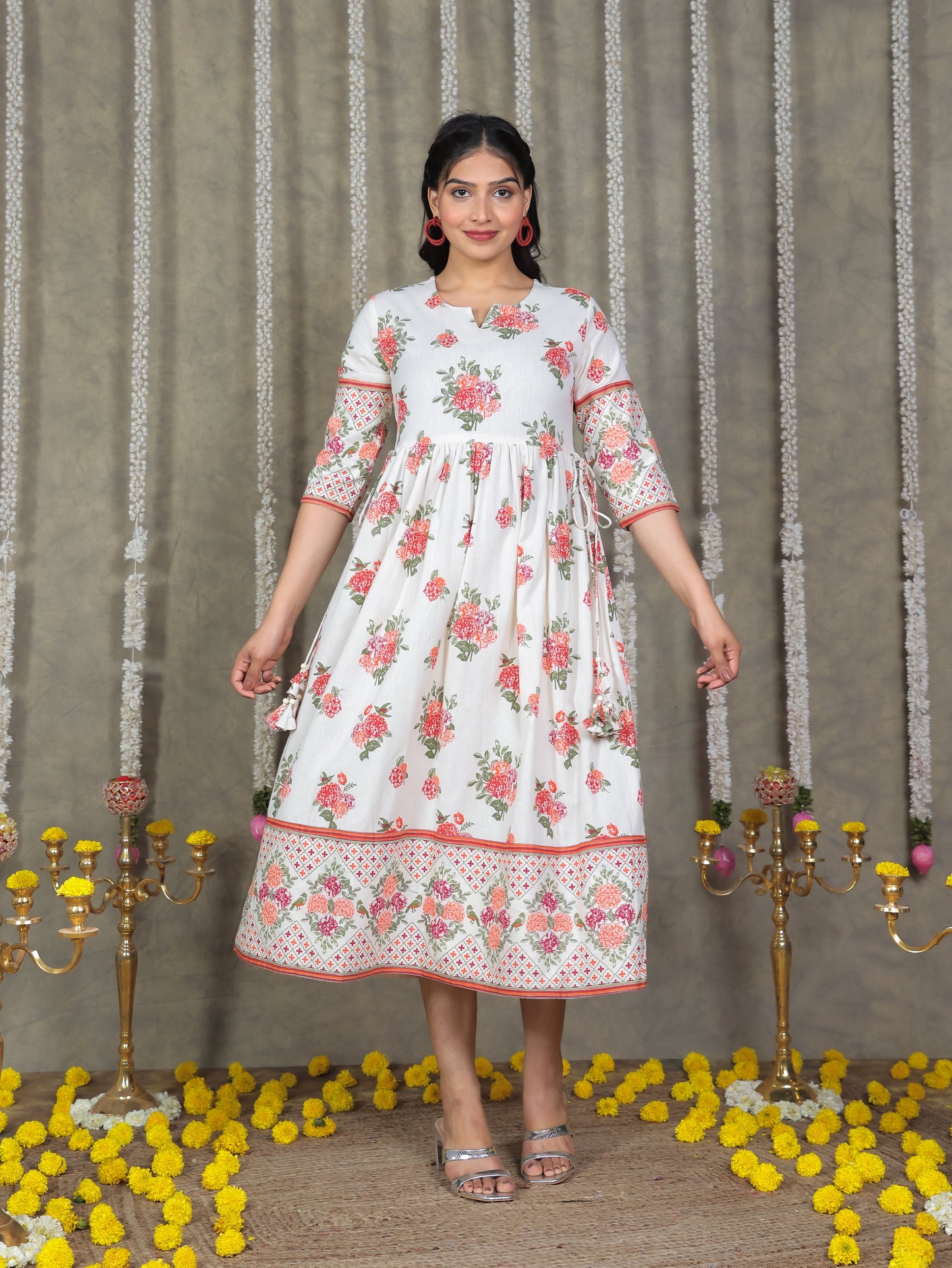 Linen Cotton Floral Anarkali Off White Dress