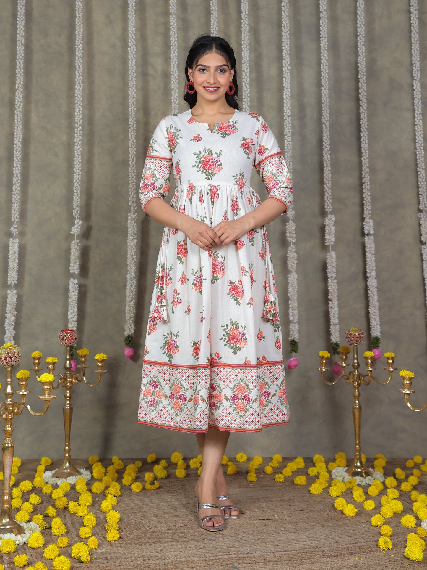Linen Cotton Floral Anarkali Off White Dress