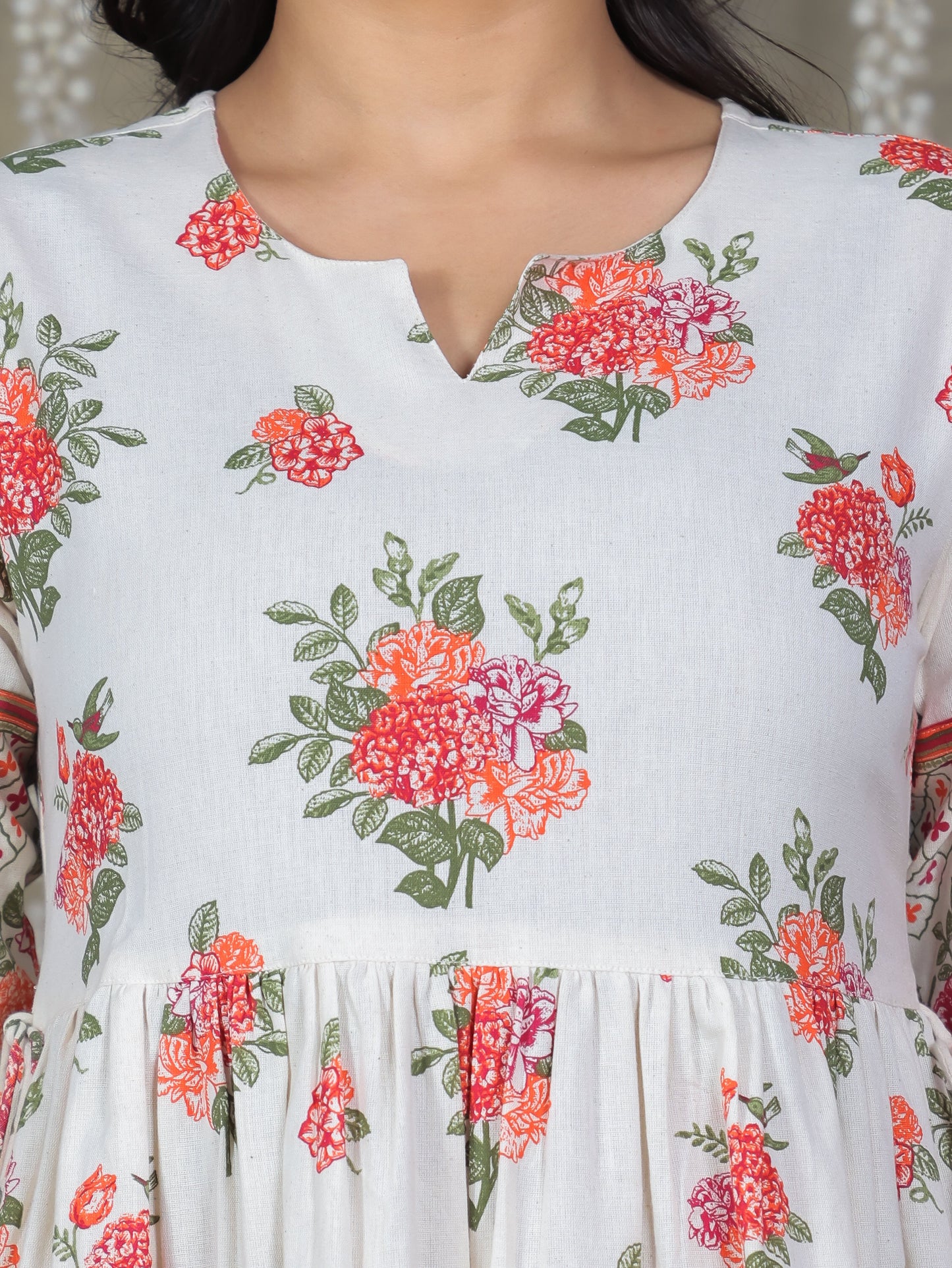 Linen Cotton Floral Anarkali Off White Dress