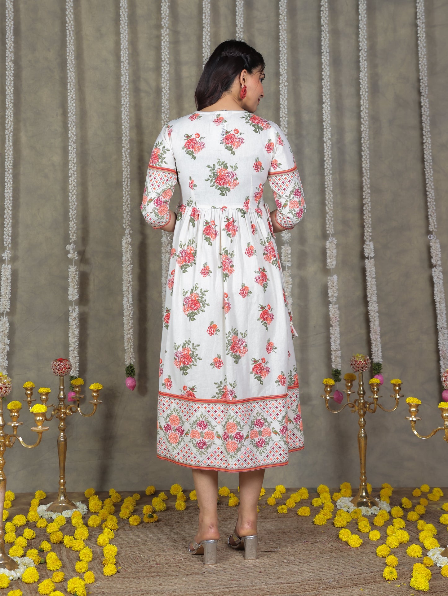Linen Cotton Floral Anarkali Off White Dress