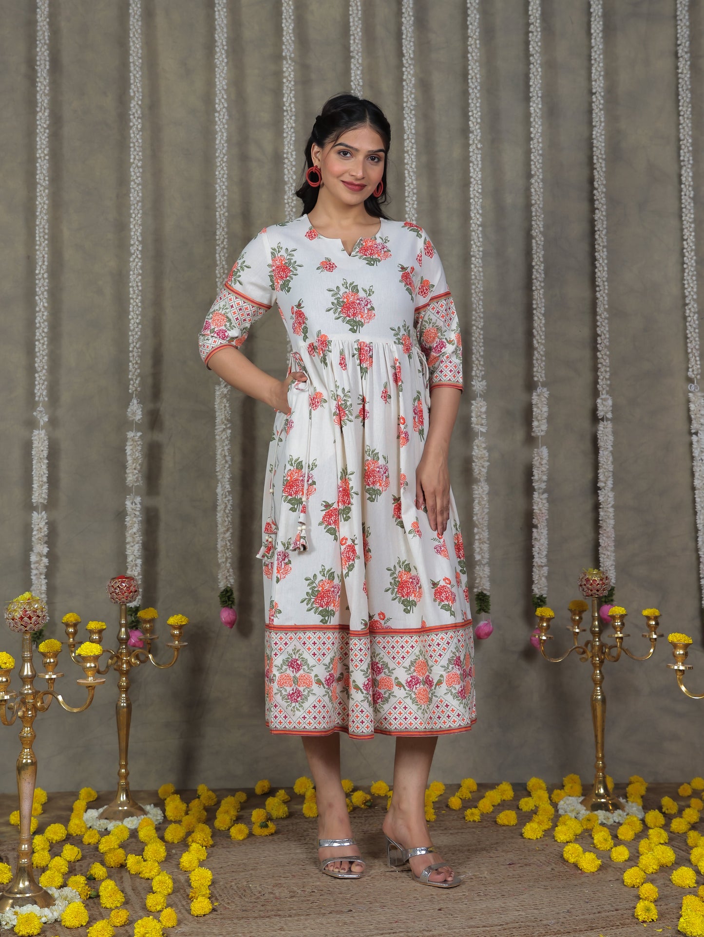 Linen Cotton Floral Anarkali Off White Dress