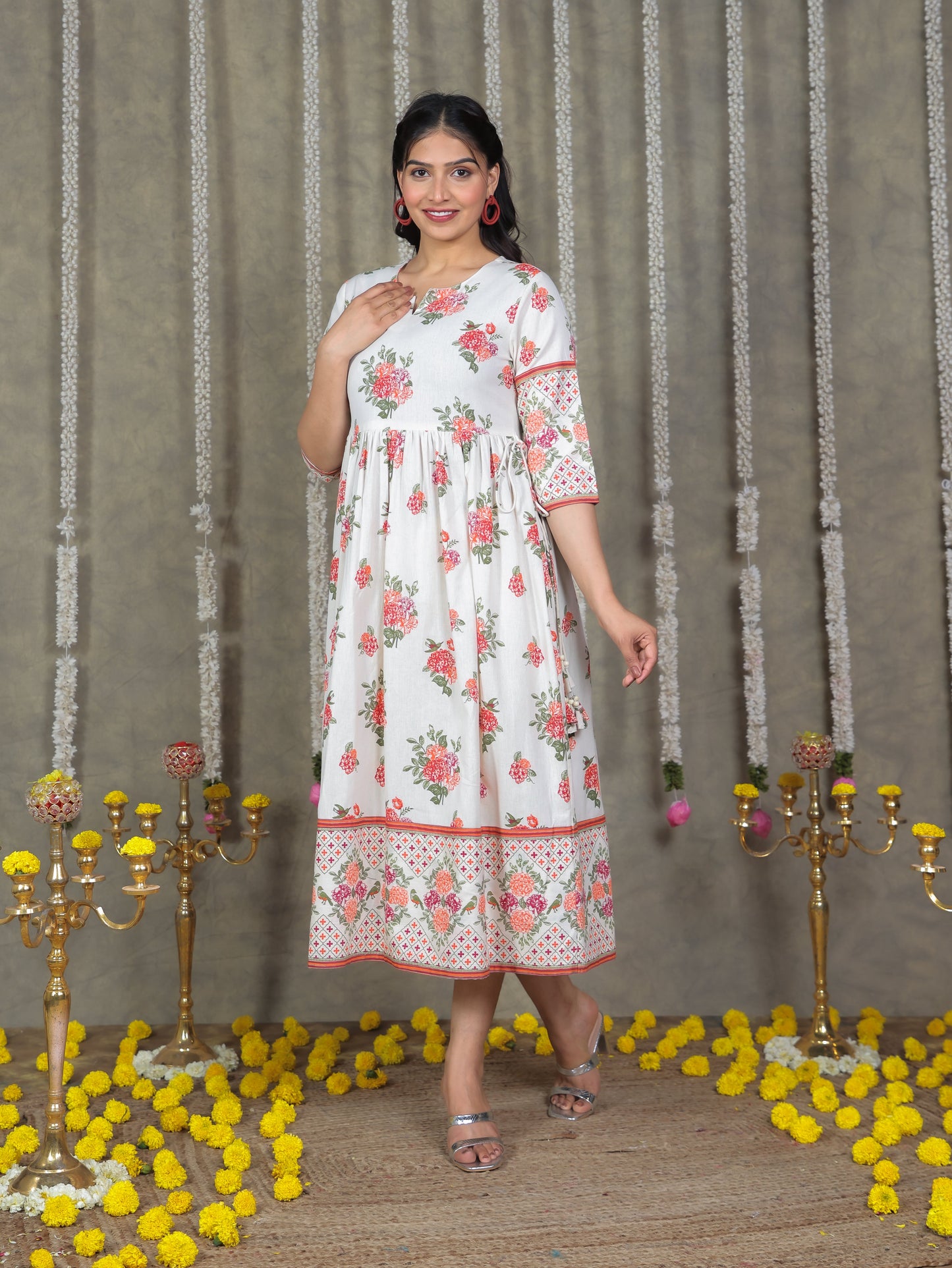Linen Cotton Floral Anarkali Off White Dress